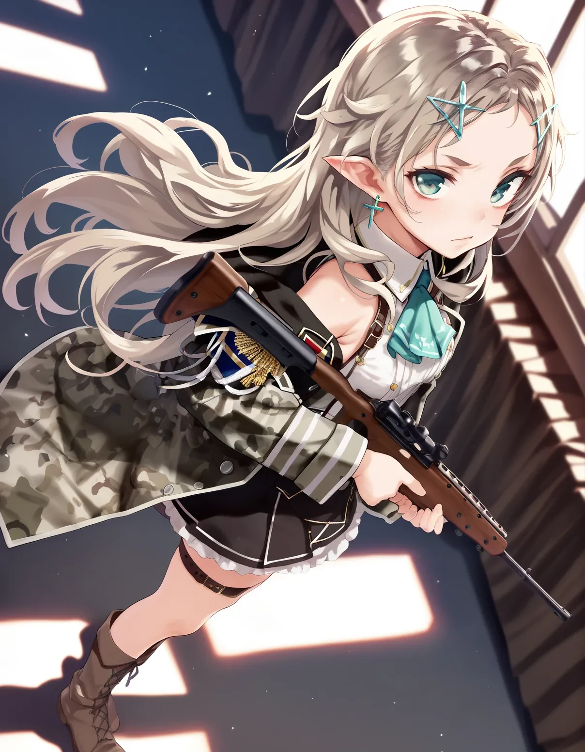 score_9, score_8_up, score_7_up, score_6_up,score_5_up,score_4_up, a girl standing in a runway, from side, from above, dutch angle, runway, smile, frown,pointy ears, long hair, boots, looking at viewer, hair ornament, earrings, camouflage, dress, coat,, jewelry, ascot, jacket, brown footwear, skirt, long sleeves, wing hair ornament, frills, cross-laced footwear, thigh strap, belt, open clothes, military, open coat, uniform, military uniform, off shoulder, bolt action, holding weapon, rifle,
green eyes,aqua eyes,light brown hair,brown hair,blue eyes, blonde hair, forehead,
<lora:mochi_circle_rin_style_pony6_v1-000036:1>