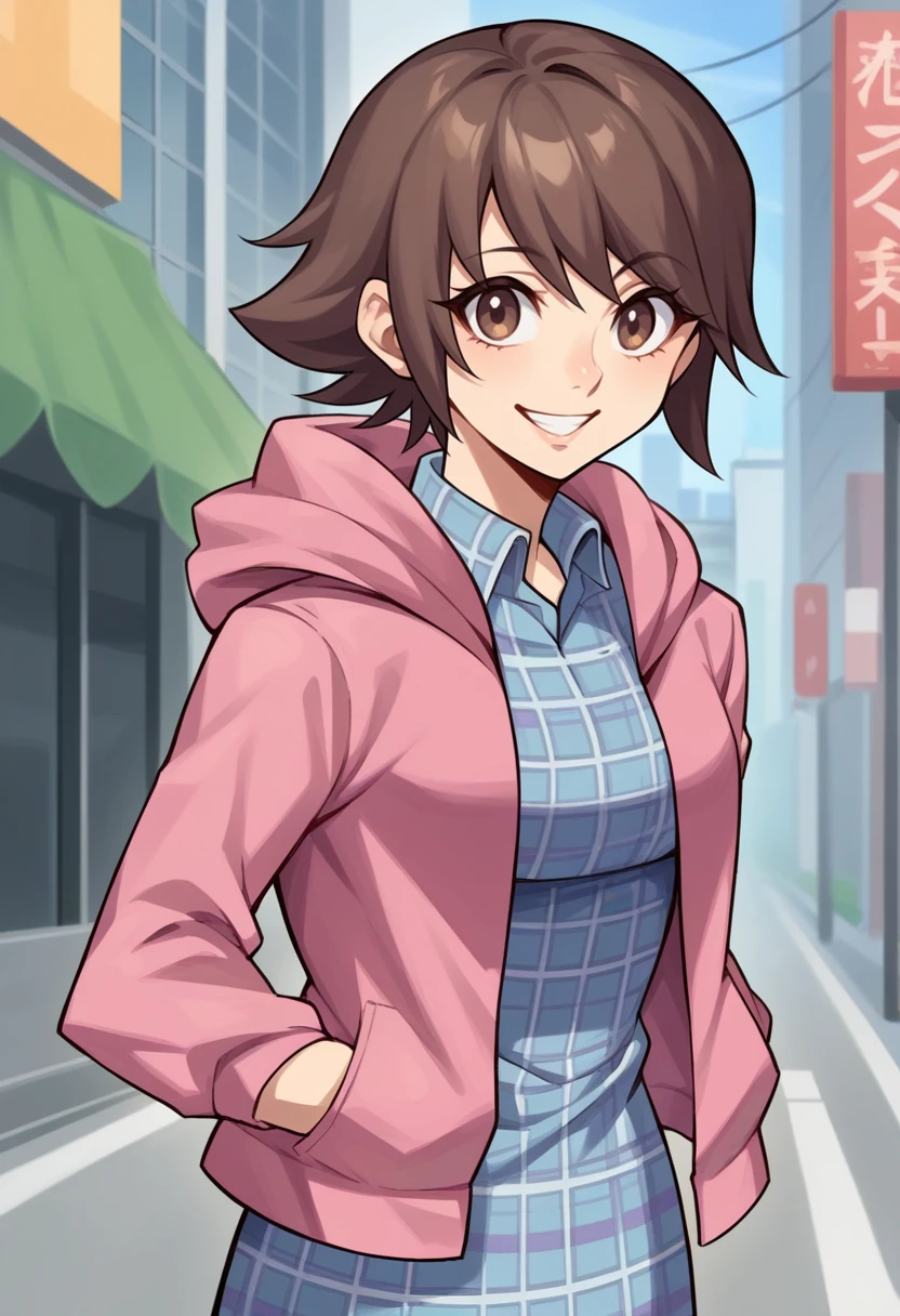 score_9, score_8_up, score_7_up, source_anime BREAK 1girl, solo,
<lora:zs_Dx2MCXL:1> maindx2, brown hair, short hair, blue dress, plaid dress, pink hoodie
cowboy shot, smile, city