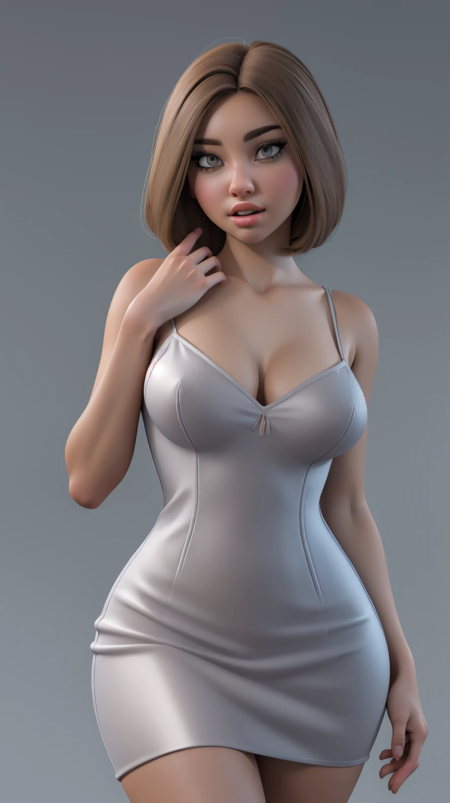 high detailed, masterpiece <lora:F4k33D-01:0.7> 1girl cartoon character in a silver silk dress, detailed brown eyes, hazelnut hair, (upper body, cowboy shot), perfect hands, big breast, wide hips, thick thighs, ultra realistic digital art, a 3D render, photorealism, clean scene, grey background, grey wall, <lora:Loraeyes_V1:0.8>