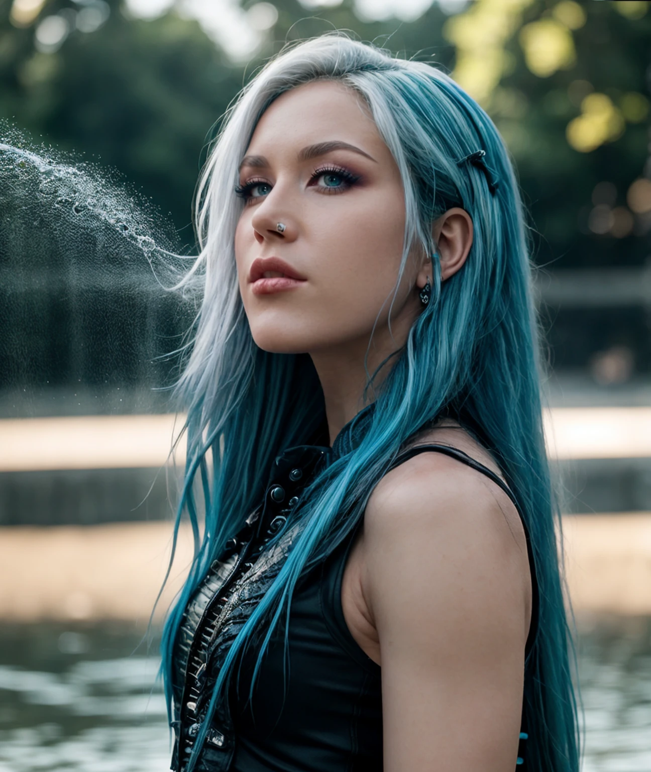 cinematic photo , <lora:quiron_AlissaWhiteGluz_v7230_Lora:0.87> , 1girl,  alissaWhiteGluz,solo, long hair, realistic, lips, looking at viewer, , , artistic journey through the fundamental forces of nature, inspired by the gentle breeze, flowing water,  . 35mm photograph, film, bokeh, professional, 4k, highly detailed