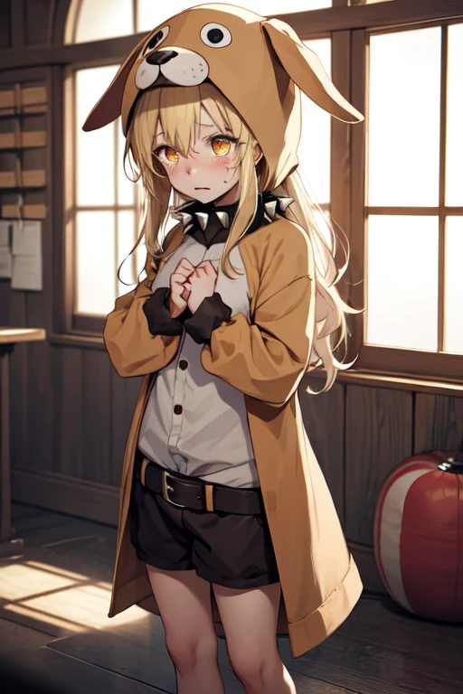 dog costume, long hair, akaza akari, blonde hair, spiked collar, belt, barefoot, tears, upper body, yellow eyes, standing, <lora:02768be6-7015-4ba2-97f3-69ab523e5261:0.7>