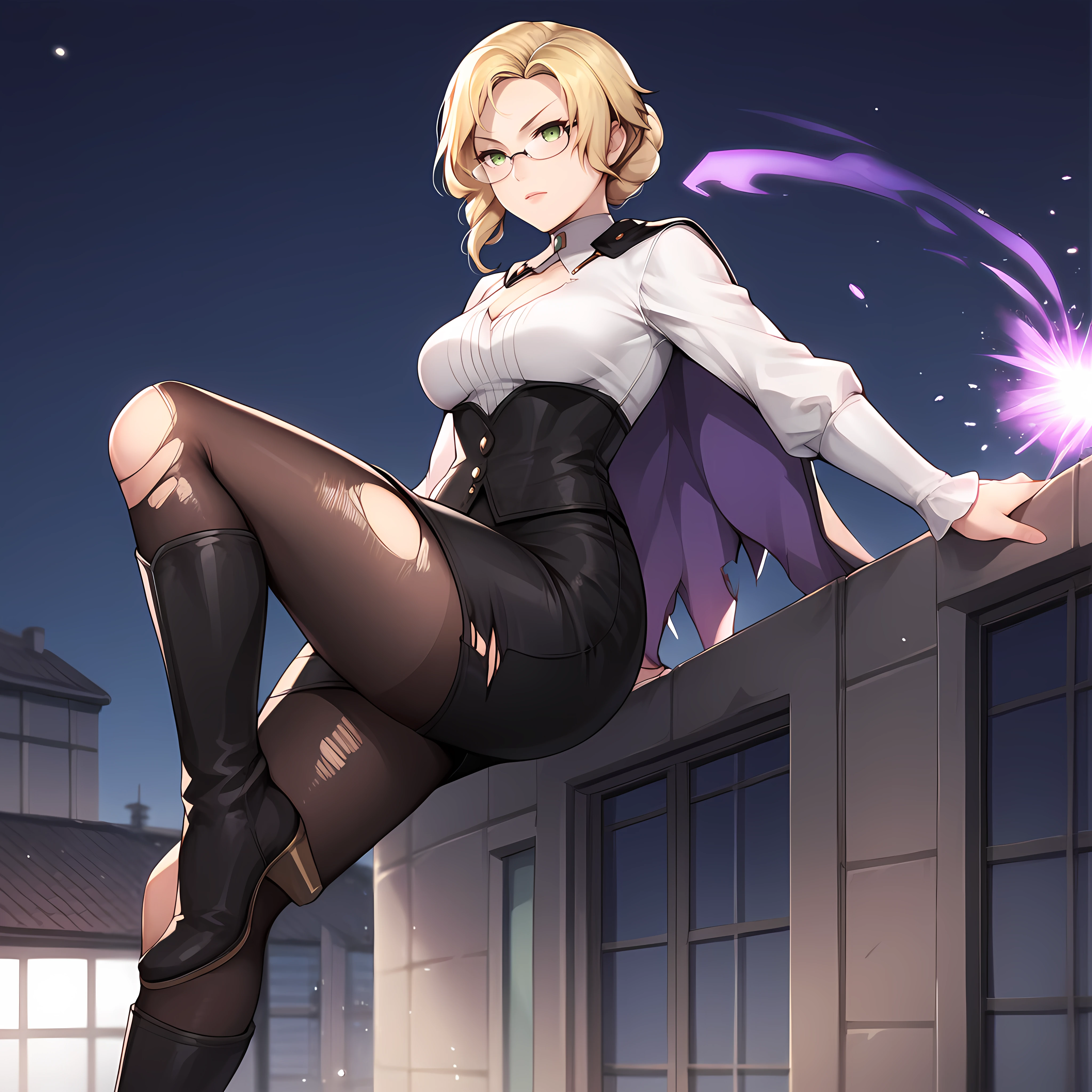 score_9,score_8_up,score_7_up,score_6_up,source_anime,rating_questionable,solo, 1girl, battle torn,purple magic, stoic, torn clothes, rooftop, night, <lora:Glynda_Goodwitch_-_RWBY:0.7>   Glynda_RWBY, blonde hair, green eyes, white shirt, pencil skirt, glasses, knee high boots, pantyhose, cape,, zPDXL2,