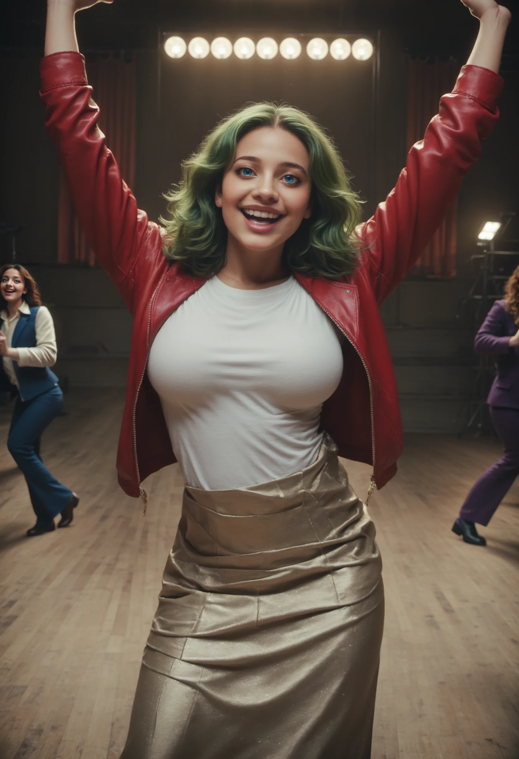 bcksvtfrz , 1girl, female focus, solo, solo focus, large breasts, jacket, shirt, skirt, blue eyes, green hair, indoors, dancing, happy, arms wide, looking at viewer, film grain, chromatic abberation, cinematic lighting, cinematic angle, zPDXL , <lora:Backon74Style:0.8>