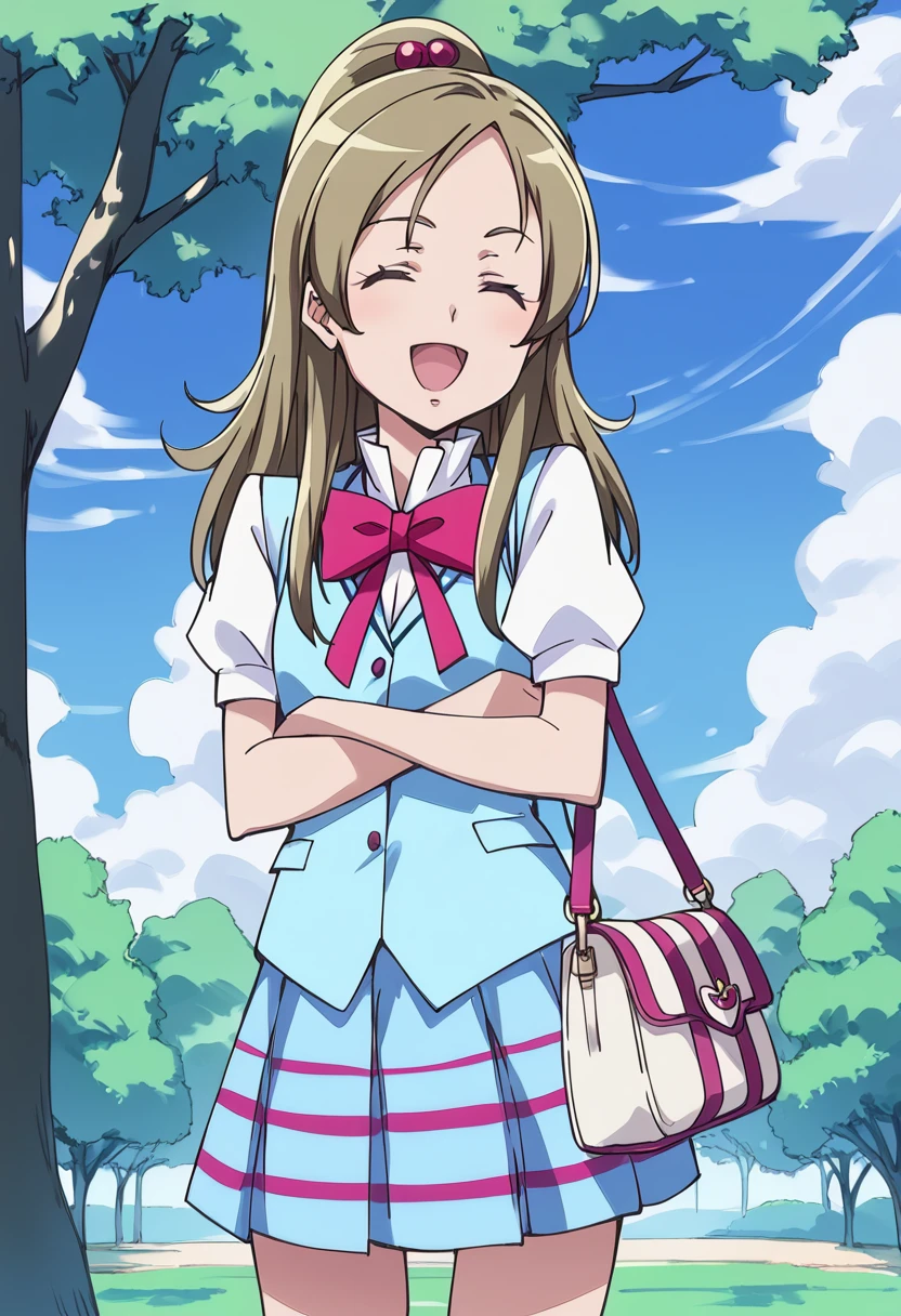 score_9, score_8_up, score_7_up, source_anime BREAK
minamino kanade, aria gakuen school uniform, 1girl, solo, closed eyes, crossed arms, long hair, half updo, open mouth, hair ornament, hair bobbles, brown hair, blue shirt, blonde hair, ponytail, eyelashes, blue skirt, tree, standing, singing, handbag, puffy short sleeves, music, pink bow, outdoors, cowboy shot, bowtie, :o, striped skirt, white shirt, blue vest, layered skirt
<lora:cure_rhythm_minamino_kanade_sdxl_locon_pony_v1:0.7>