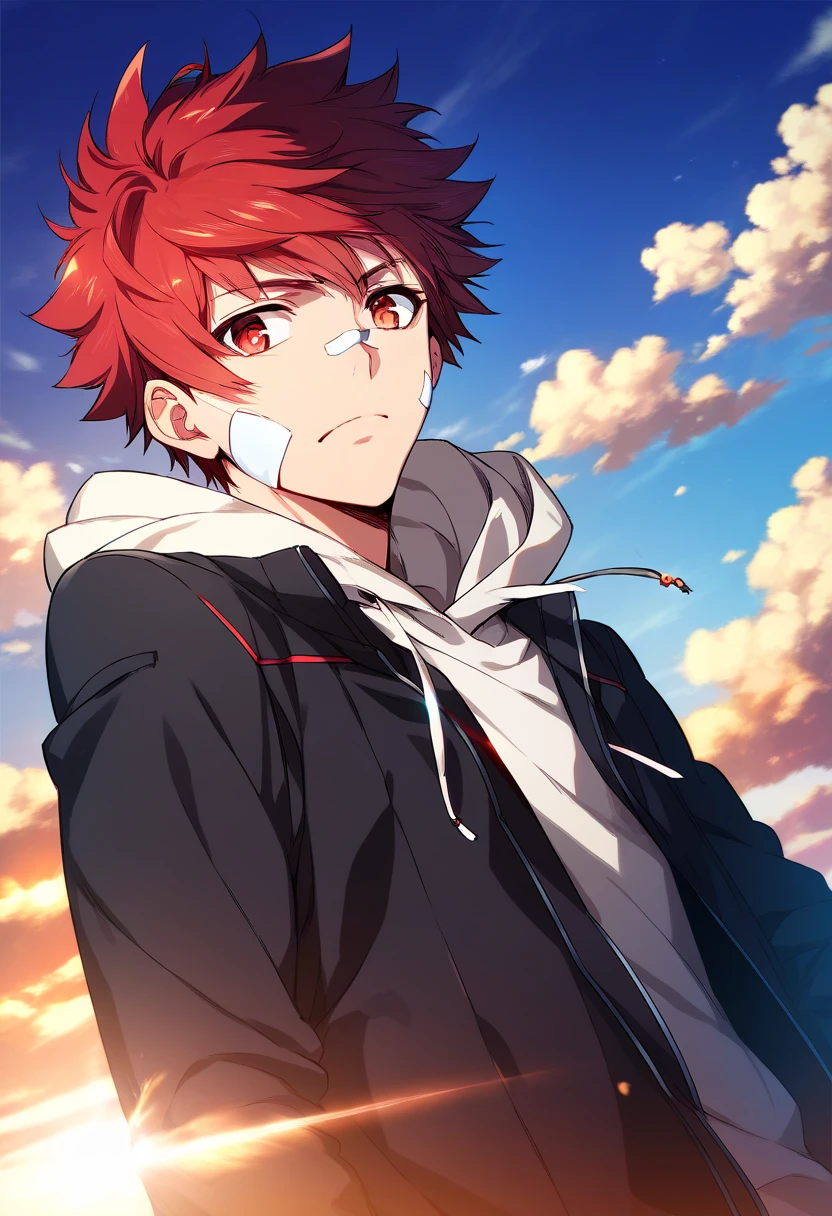 score_9, score_8_up, score_7_up, score_6_up, highly detailed, masterpiece, best quality,detailed,intricate details, amazing quality, best aesthetic, absurdres,source_anime,,enma kozato, red hair, red eyes, 1boy, male focus, hoodie, solo, bandaid, hood<lora:EMS-391989-EMS:0.800000>