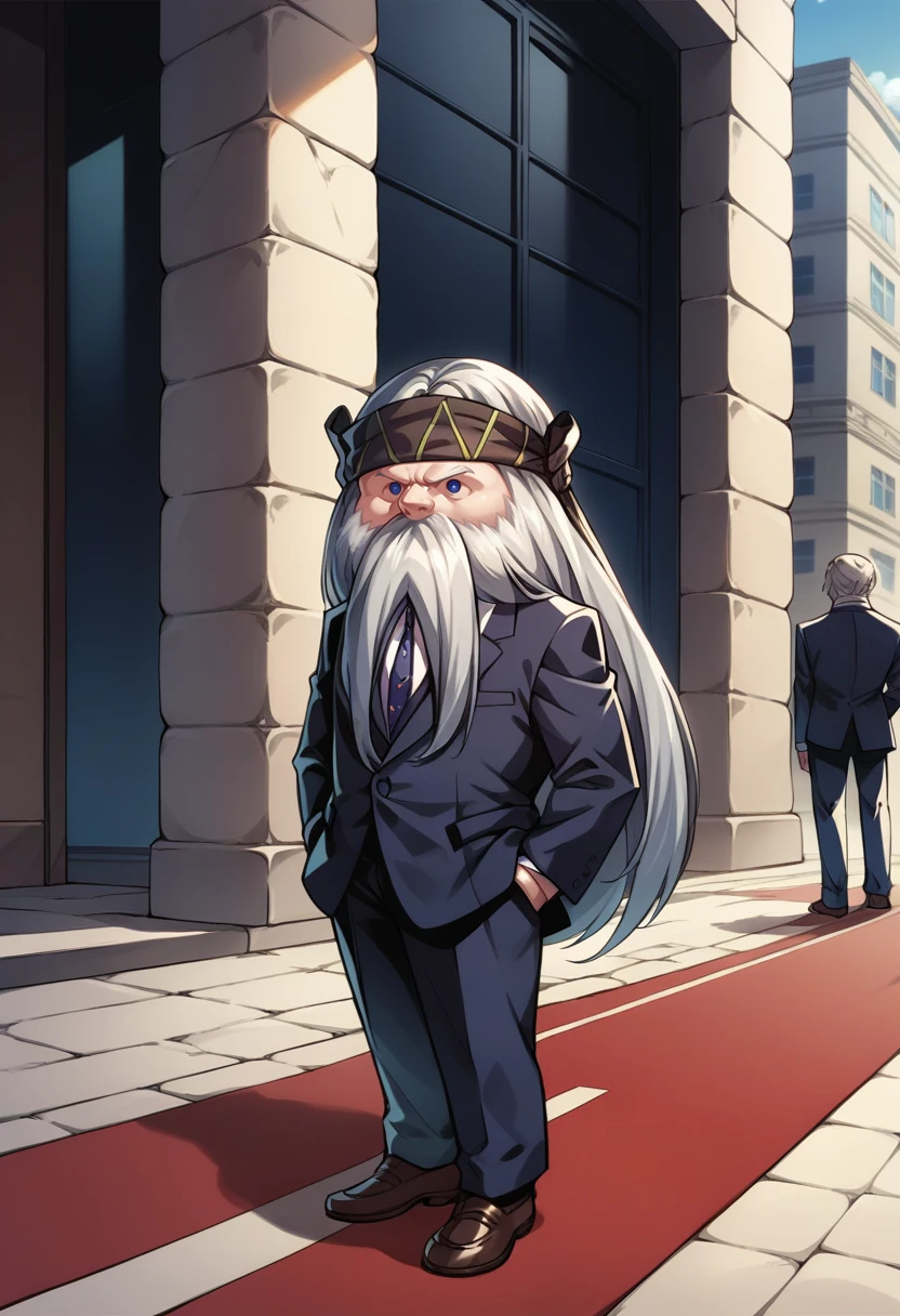 score_9, score_8_up, score_7_up, source_anime, 1boy, cowboy shot, hand in pocket, <lora:KoropokkuruSMT-pdxl:1> koropSMT, chibi, long hair, headband, mustache, formal, suit, outdoors, red carpet