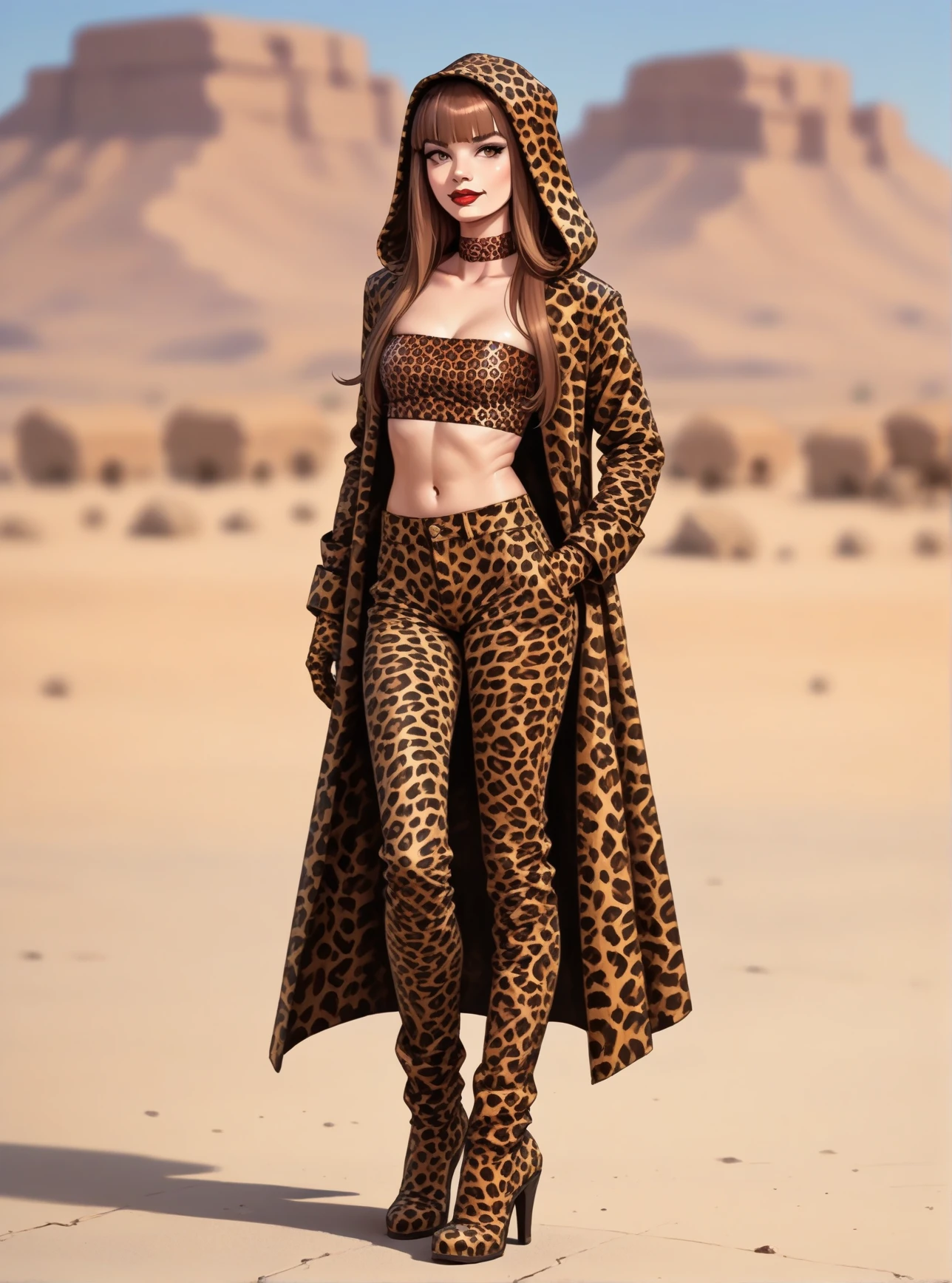 score_9, score_8_up, score_7_up, score_6_up, score_5_up, score_4_up, 1girl, long brown hair, brown eyes, blunt bangs, hud_t_d_i_m_m,  leopard print open coat, tube top, pants, choker, full body, hood, gloves, red lips, makeup, high heels, boots, <lora:impress_me:0.8>, desert