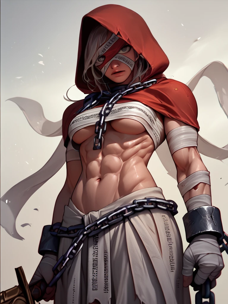 Dsorceress, redhair, shadowy face, puffynipples, girl chained in dark and eerie inquisitorial torture chamber with whips and racks and chains, fire, hood, shadowed face, no bra, topless, slim and athletic body, bottomless, no panty, elbow gloves, dark skin, 1 girl (insanely detailed, masterpiece, best quality), metal collar with chain leash, standing in front of wall, chained to wall, hands attached to wall, arms raised, girl standing, whip marks, spread legs