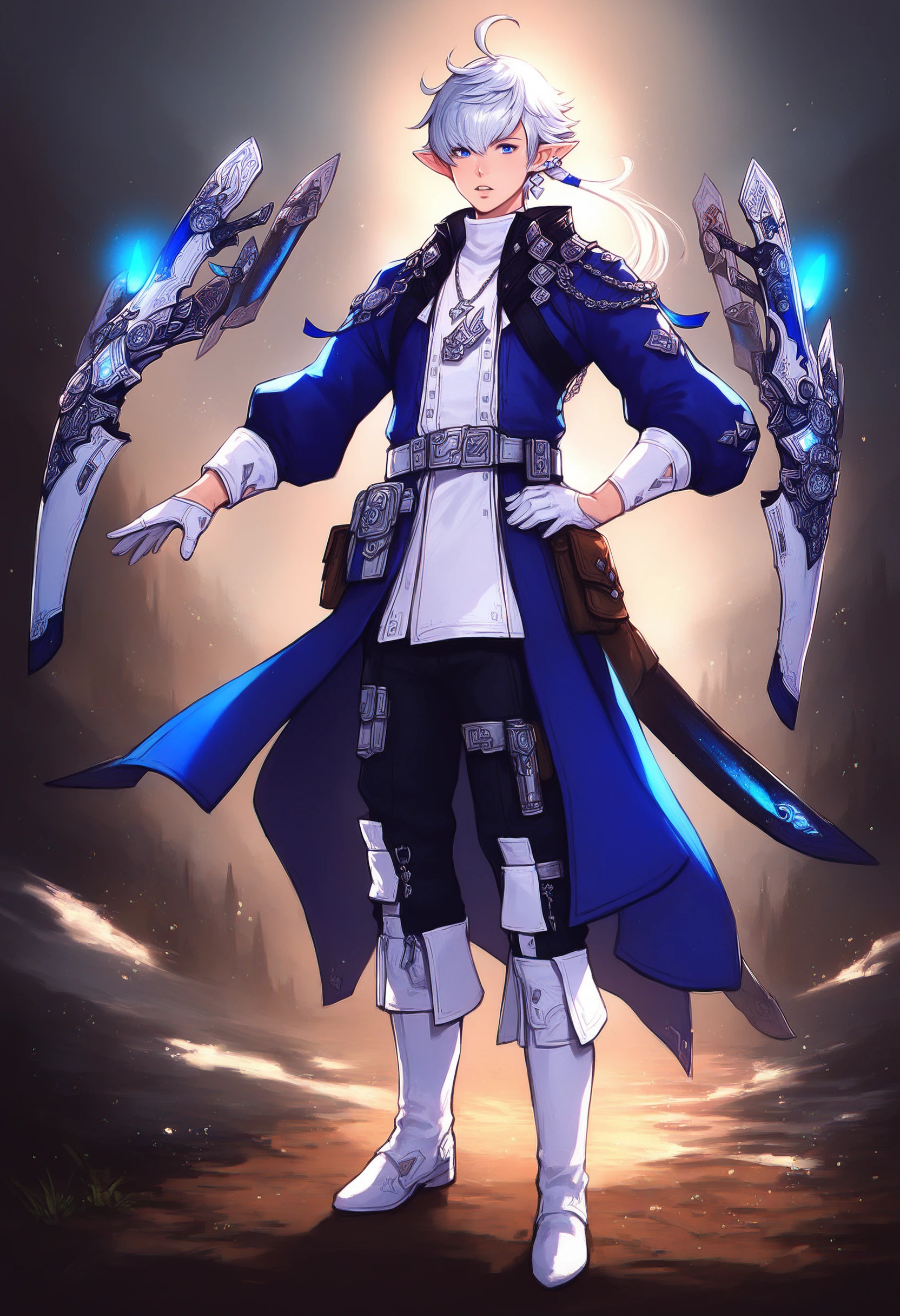 Alphinaud, long hair, looking at viewer, blue eyes, shirt, gloves, long sleeves, ribbon, jewelry, single earring, pouch, belt pouch, blue coat, white shirt, ahoge, boots, parted lips, belt, pants, white gloves, necklace, coat, hand on hip, black pants, white footwear, knee boots, blue ribbon, earclip, weapon, floating, floating object, floating weapon, outdoors, glowing, magic, standing, full body, specular highlights, zPDXL , <lora:Alphinaud_FFXIV:1>