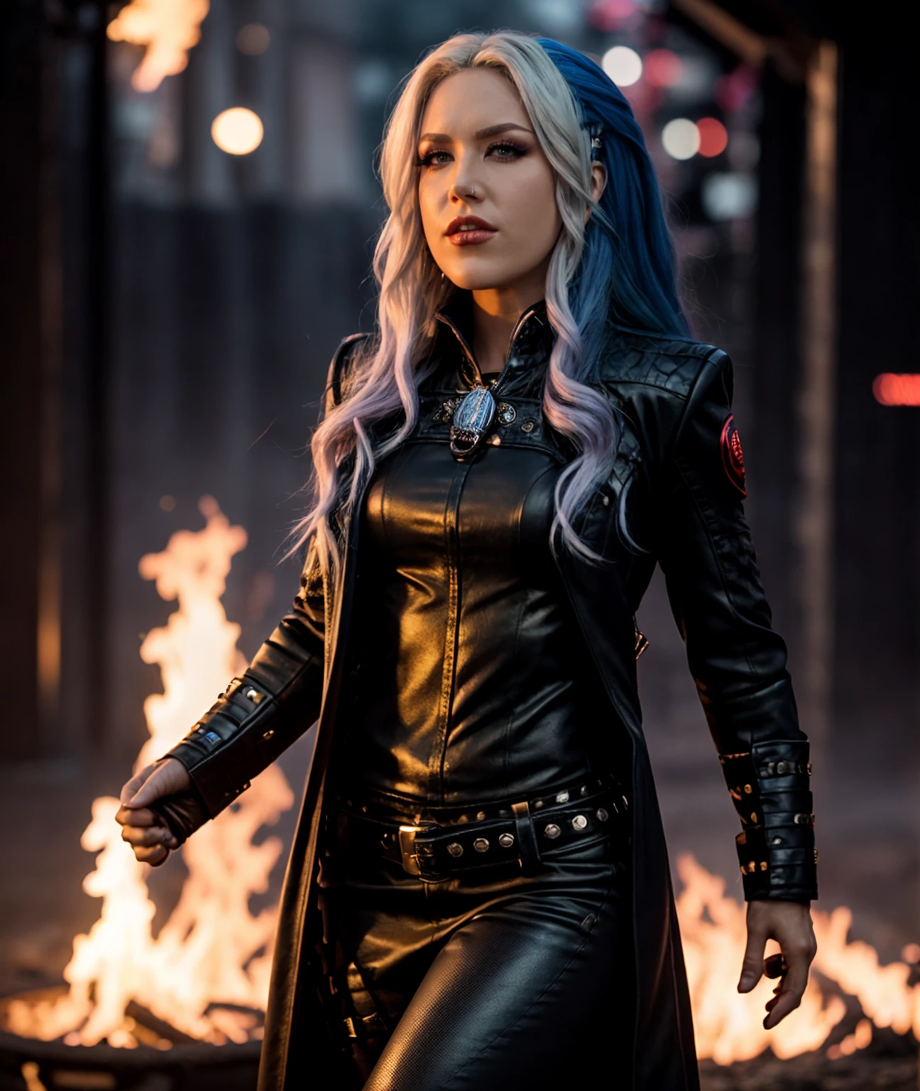 cinematic photo , <lora:quiron_AlissaWhiteGluz_v7230_Lora:0.87> , 1girl,  alissaWhiteGluz,solo, long hair, realistic, lips, looking at viewer, (night street) , , Highest quality high resolution dslr photo of a striking fire mage, radiating fierce energy,  . 35mm photograph, film, bokeh, professional, 4k, highly detailed