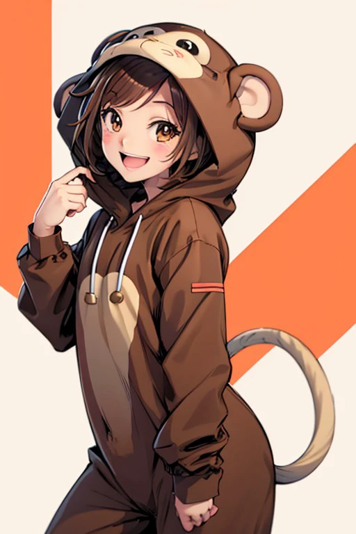 monkey costume, 1girl, solo, brown eyes, blush, smile, tail, open mouth, brown hair, short hair, long sleeves, <lora:f308998c-1ee4-4315-abe7-7da877bf2d63:0.7>