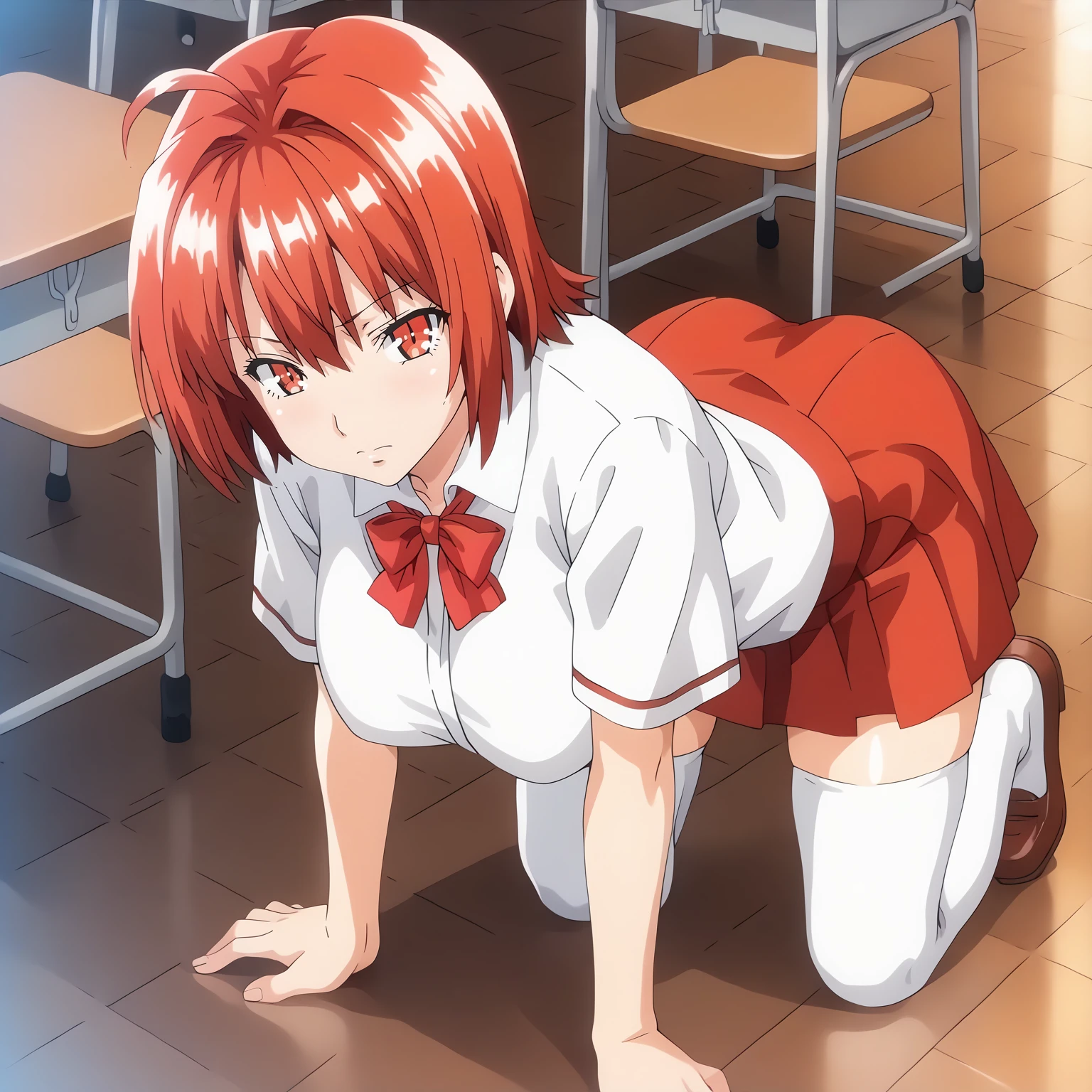 <lora:YuukaYoshiiXLpony001>,
solo,
YuukaYoshii,1girl,red hair,short hair,red eyes,
large breasts,
school_uniform,white shirt,red bowtie,
red skirt,
white_thighhighs,
full body,all fours,