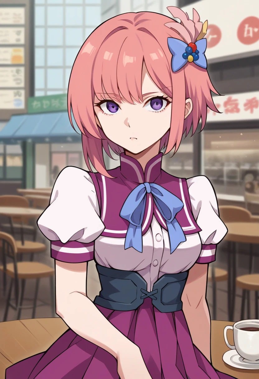 score_9, score_8_up, score_7_up, source_anime BREAK 1girl, solo,
<lora:zs_KodenXL:1> shioridx2, pink hair, short hair, purple eyes, hair ornament, school uniform, puffy sleeves, blue ribbon, pink skirt
cowboy shot, expressionless, cafe, looking at viewer