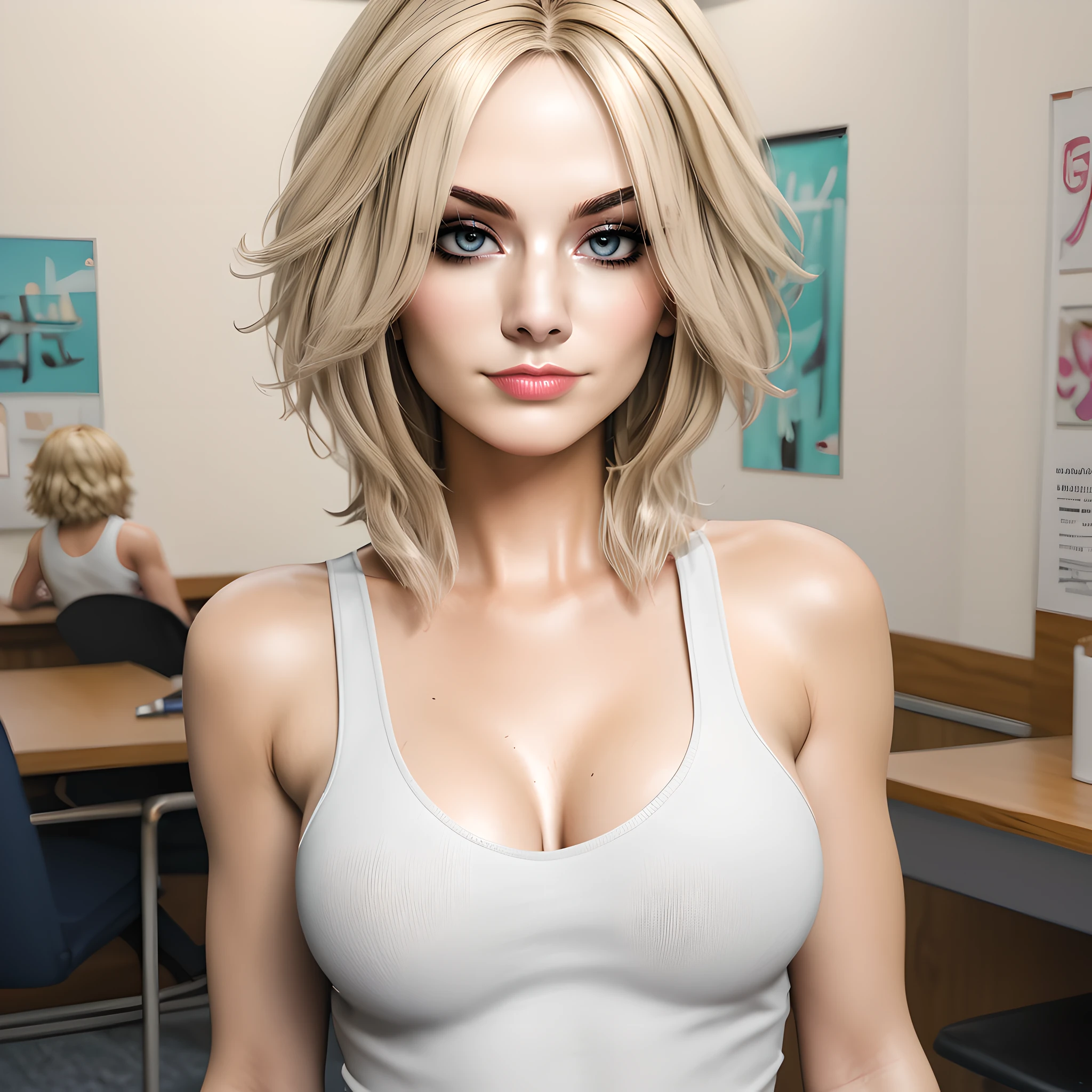 1girl, solo, looking at viewer, blonde hair, realistic, blue eyes, lips, medium breasts, tank top, indoors, make up, mascara, eye shadows, <lora:Maya_Victoria_Bailey:0.8>
BREAK
level_9, level_8_up, level_7_up, level_6_up, level_5_up, source_cartoon, masterpiece,