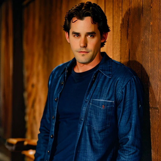 Xander Harris played by Nicholas Brendon standing in a dark alley at night holding a wooden stake, teenager, slim, collared shirt over t-shirt, jeans, professional photography, high resolution, 4k, detailed photo <lora:Xander_Harris_Buffy_the_Vampire_Slayer:1>