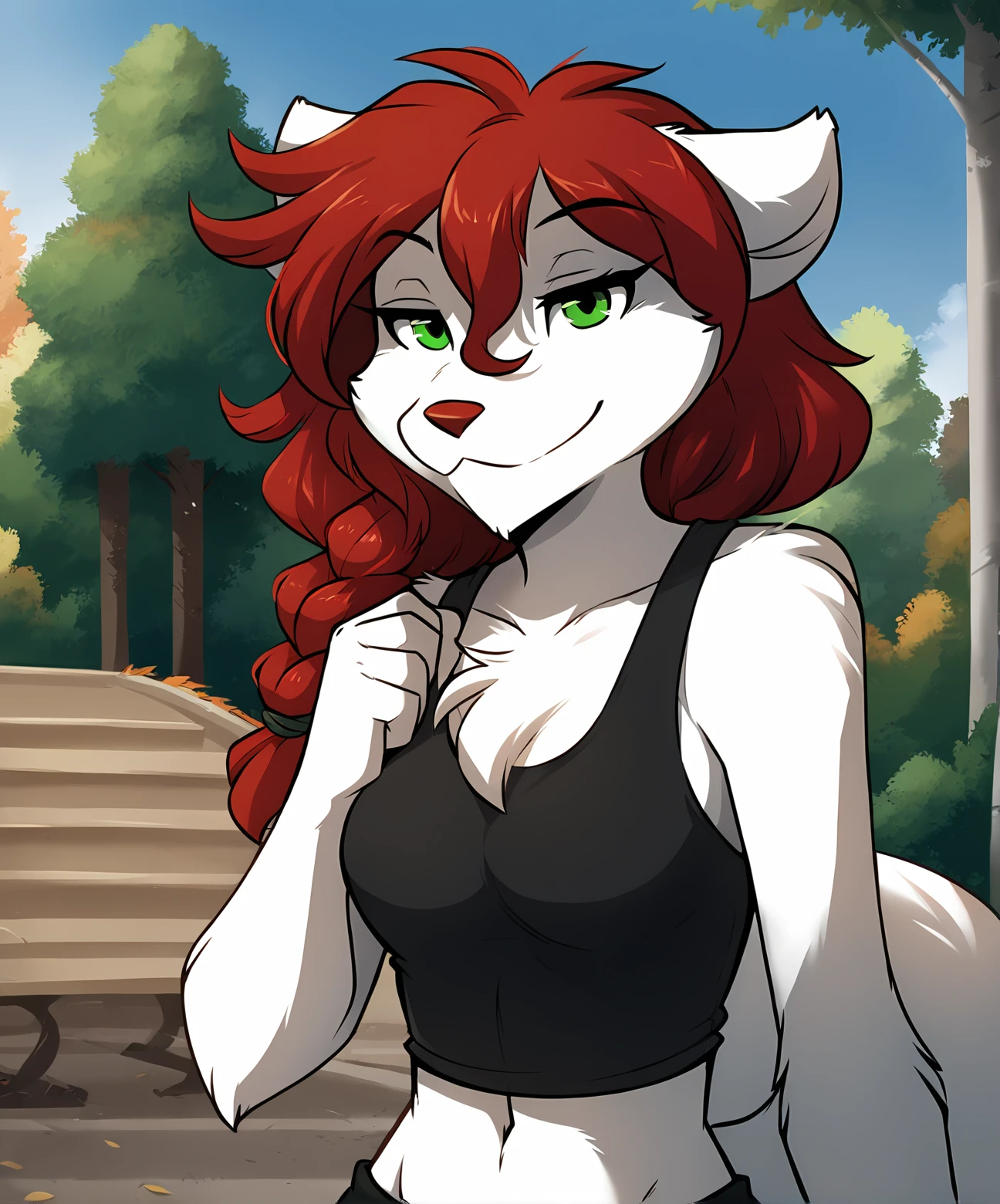 score_9, score_8_up, score_7_up,score_6_up,score_5_up, source_furry
BREAK
solo, furry female anthro, long hair, medium breasts, (seductive, smug), tank top, midriff, gym shorts, braided hair, (outdoors, park), upper body shot
BREAK
<lora:Rose-Twokinds-SDXL-AnonTK-V1-000009:1>, rose-twokinds, keidran, mammal, wolf tail, green eyes