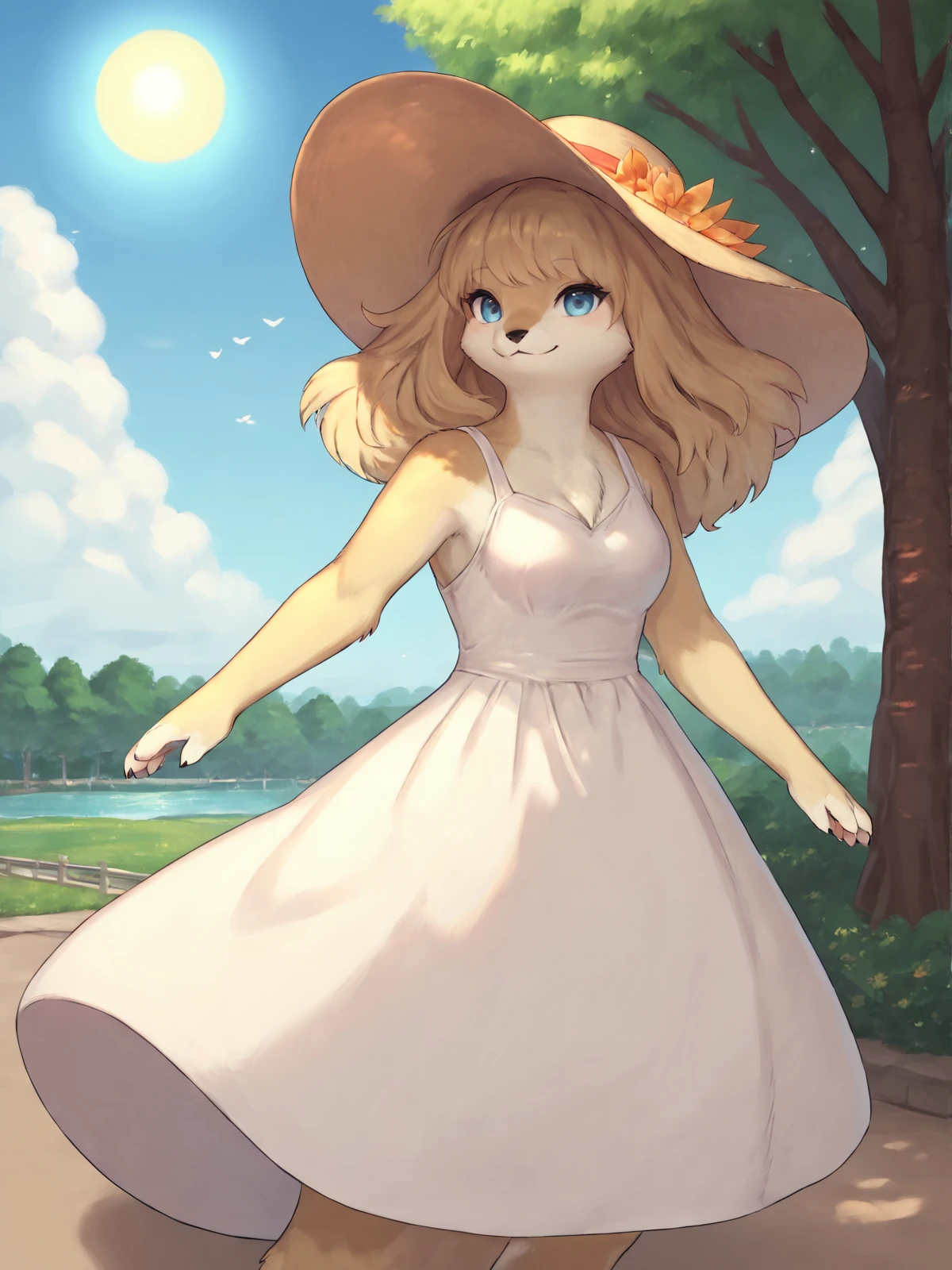 score_8_up, score_9_up, by WKAR, detailed, beautiful, furry, beige fur,  female, dress, sun hat, wide brim hat, smile, outside, blue eyes, park, windy, wind, solo, sunny day, noon, blue sky, <lora:neg4all_bdsqlsz_xl_V7:1> <lora:tweak-detail-xl:1> <lora:WKAR_Artist_Style:0.9>