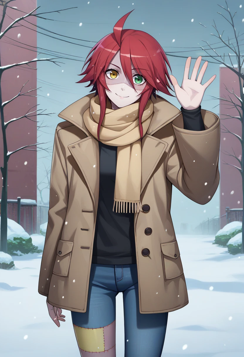 score_9, score_8_up, score_7_up, source_anime, solo, 1girl, mmzombina, zombie, stitches, patchwork skin, smile, closed mouth, looking at viewer, standing, waving, ahoge, heterochromia, yellow eyes, green eyes, winter clothes, brown coat, jeans, scarf, snowing, outdoors <lora:monstermusume_zombina_ponyXL_1:1>