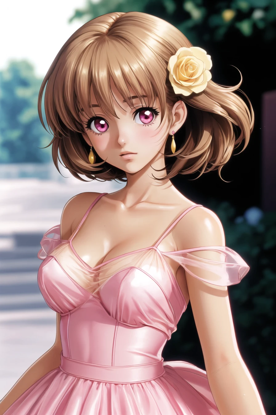 1girl,dress,solo,head out of frame,flower,bare shoulders,pink dress,rose,collarbone,brown hair,blonde hair,see-through,blurry,1980s anime,