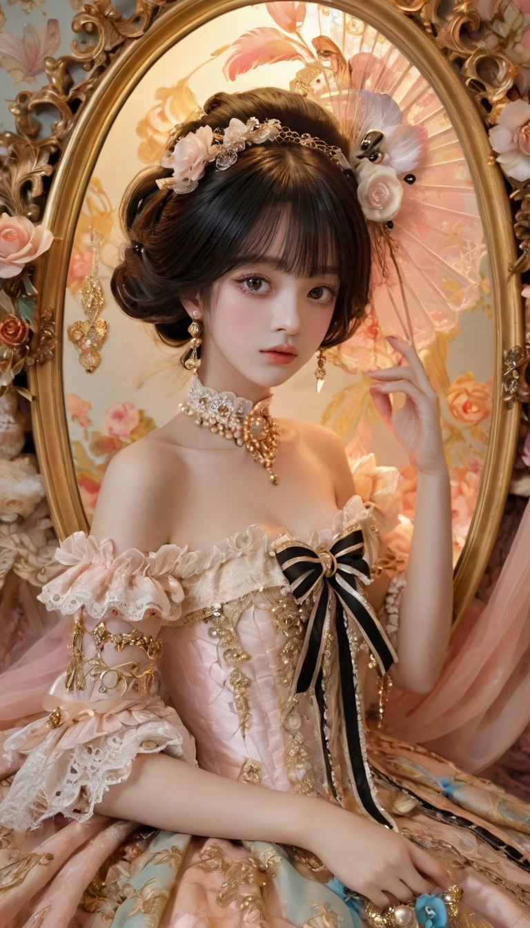 Delicate girl,black eyes,flowers,glowing jewelry,rococo oil paintings,lace,bow,hem,hem,powder wig,gauze and satin,embroidery and beads,feathers and flowers,bright ribbons,fan,rococo oil paintings,shell patterns,design,asymmetric design,mirrors,mural and ceiling paintings,color,gold,gold,tender,gorgeous,high,incredibly absurd,wallpaper,add detail,clarity enhancement,detail reinforcement,