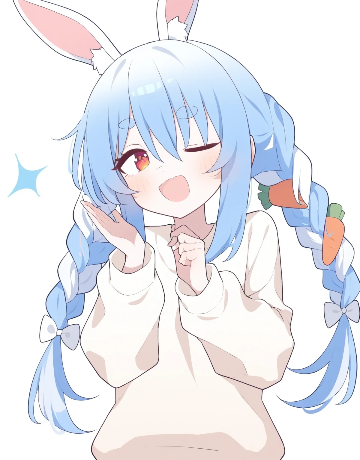 <lora:camelia:1>,white background,simple background, ,usada pekora,1girl,animal ears,virtual youtuber,one eye closed,rabbit ears,usada pekora,solo,hair ornament,food-themed hair ornament,carrot hair ornament,braid,long hair,blue hair,animal ear fluff,twin braids,multicolored hair,sweater,white background,two-tone hair,white hair,simple background,smile,open mouth,looking at viewer,thick eyebrows,white sweater,upper body,blush,rabbit girl,twintails,;d,red eyes,rabbit-shaped pupils,alternate costume,long sleeves,symbol-shaped pupils,orange eyes,hair between eyes, masterpiece,newest,absurdres,safe,