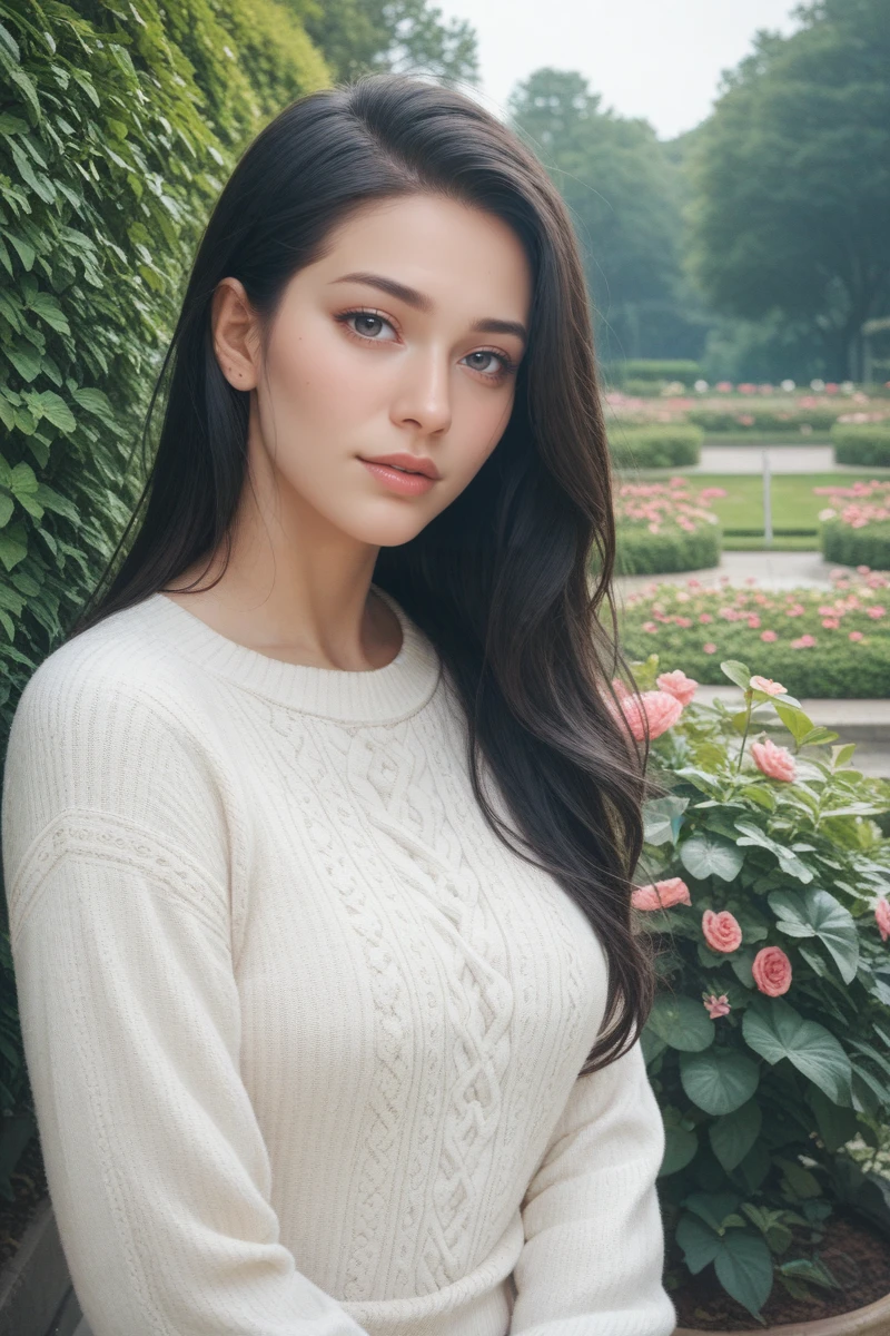 score_9,score_8_up,score_7_up, 20 years old, 8k, hd, beautiful girl, black hair, long hair,
1girl, beautiful woman's face, sweater, outdoors, flower garden, cinematic light, looking at viewer, upper body,