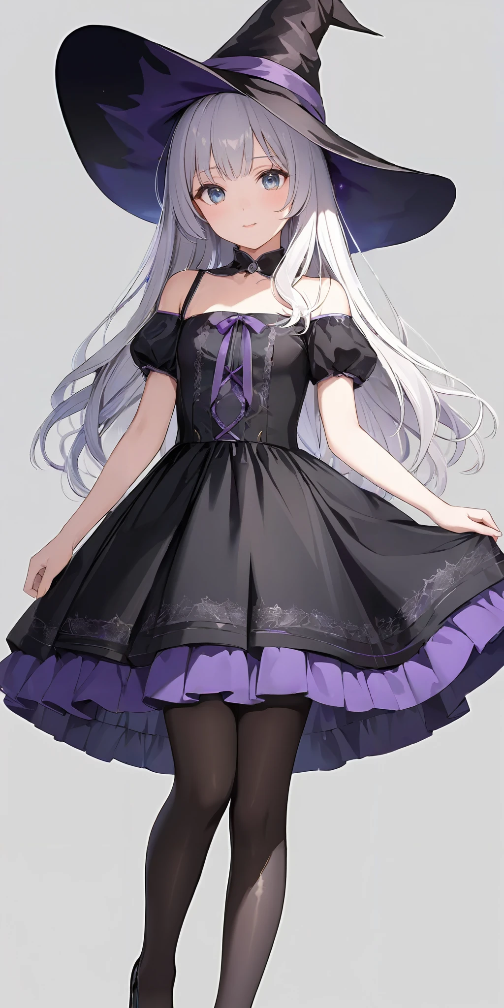 masterpiece,ultra-detailed,best quality,8K,illustration,cute face,clean skin ,shiny hair,girl,ultra-detailed-eyes,simple background, <lora:add-detail-xl:1> <lora:witch_XL_V1.0:1> jyojifuku, witch, hat, dress, pantyhose