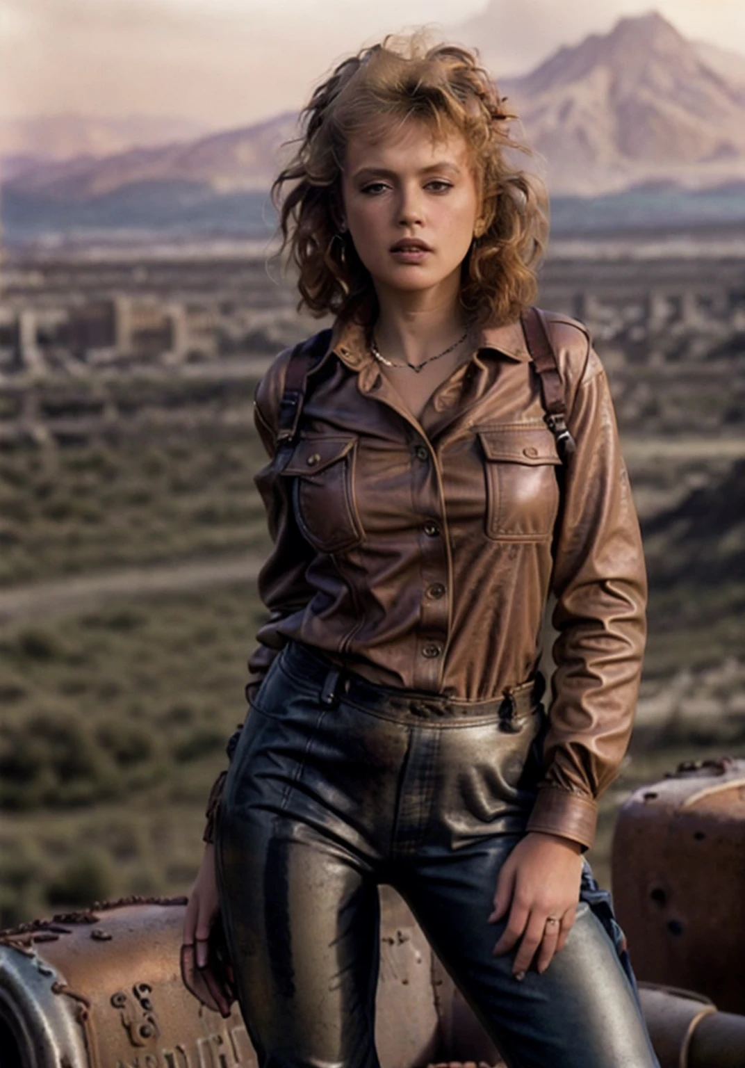 RAW photo, a close up portrait photo of brutal 26yo buffydavis123 woman, (in wastelander clothes:1.3), (buttoned up closed shirt:1.4), ragged flight jacket, (leather pants:1.3), ginger hair, pale skin, slim body, background is city ruins, smoke, flames, apocalyptic, dystopian, high detailed skin, 8k UHD, dslr, soft lighting, high quality, film grain, Fujifilm XT3, 
<lora:buffydavis123-15:1>,