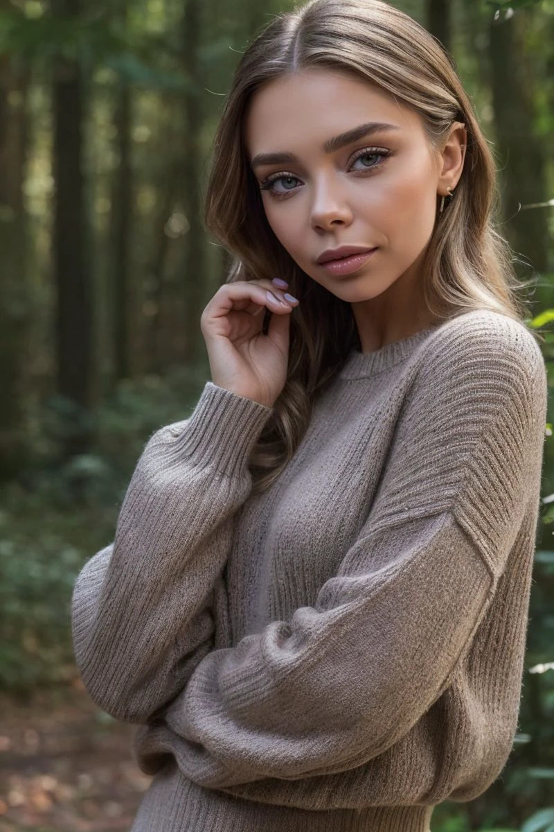 portrait of S441_LizaVaiss,a gorgeous woman,in a (forest:1.1),wearing a (sweater),(updo-hair),(4k, RAW photo, best quality, 50mm, depth of field, ultra high res:1.1),(intricate, photorealistic, cinematic-shot, masterpiece, ultra-detailed:1.1),