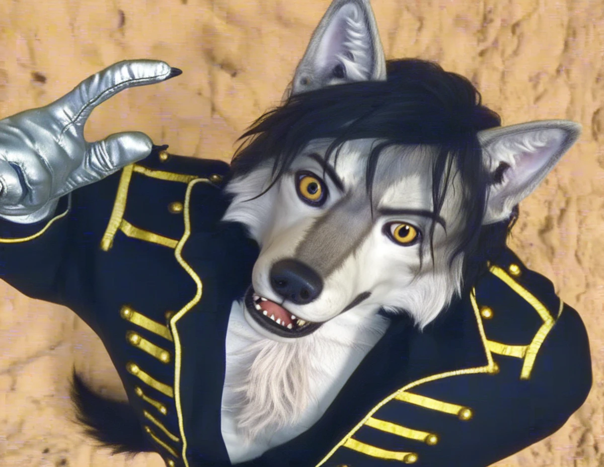 high-angle view, ayuwoki, anthro male solo, wolf, looking at viewer, sharp teeth, inner ear fluff, black hair, military jacket, open jacket, gloves, pants, clothing, 5 fingers, tail, chest tuft, outside desert mountain cloud sandstorm