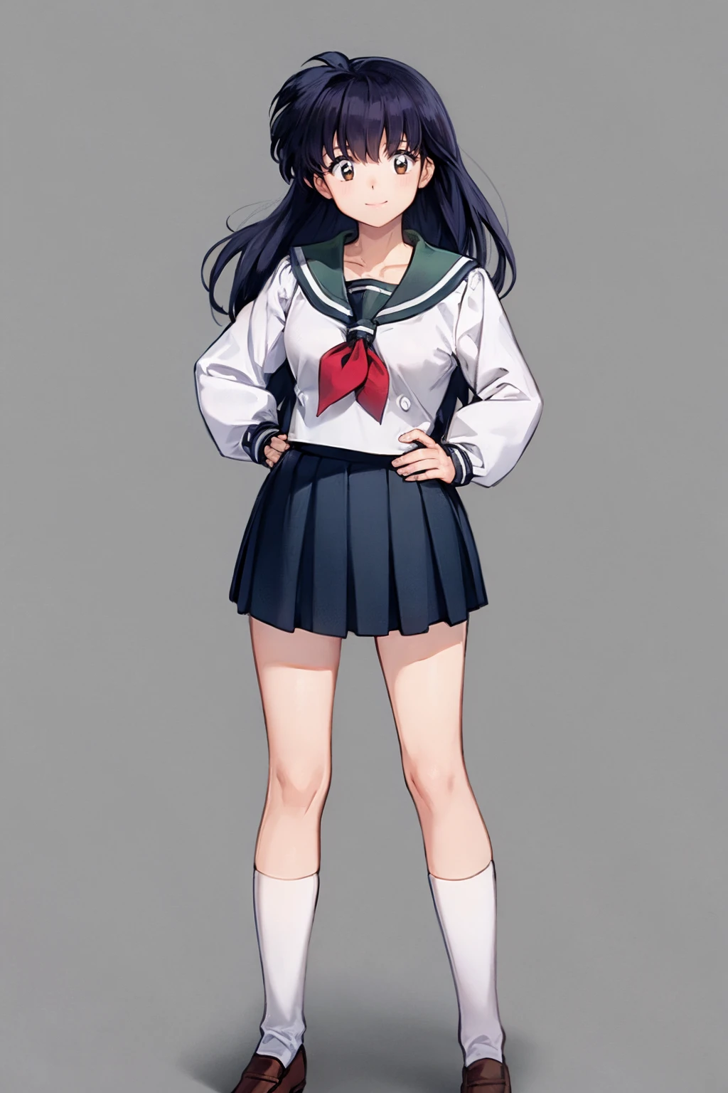 masterpiece, best quality,
1girl, kagomehigurashi, bangs, black hair,  long hair, brown eyes,
sailor collar, long sleeves, neckerchief, pleated skirt, school uniform, serafuku, white kneehighs, loafers,
hand on hips, standing, full body, looking at viewer, smile, simple background, solid grey background   <lora:KagomeHigurashi:1>