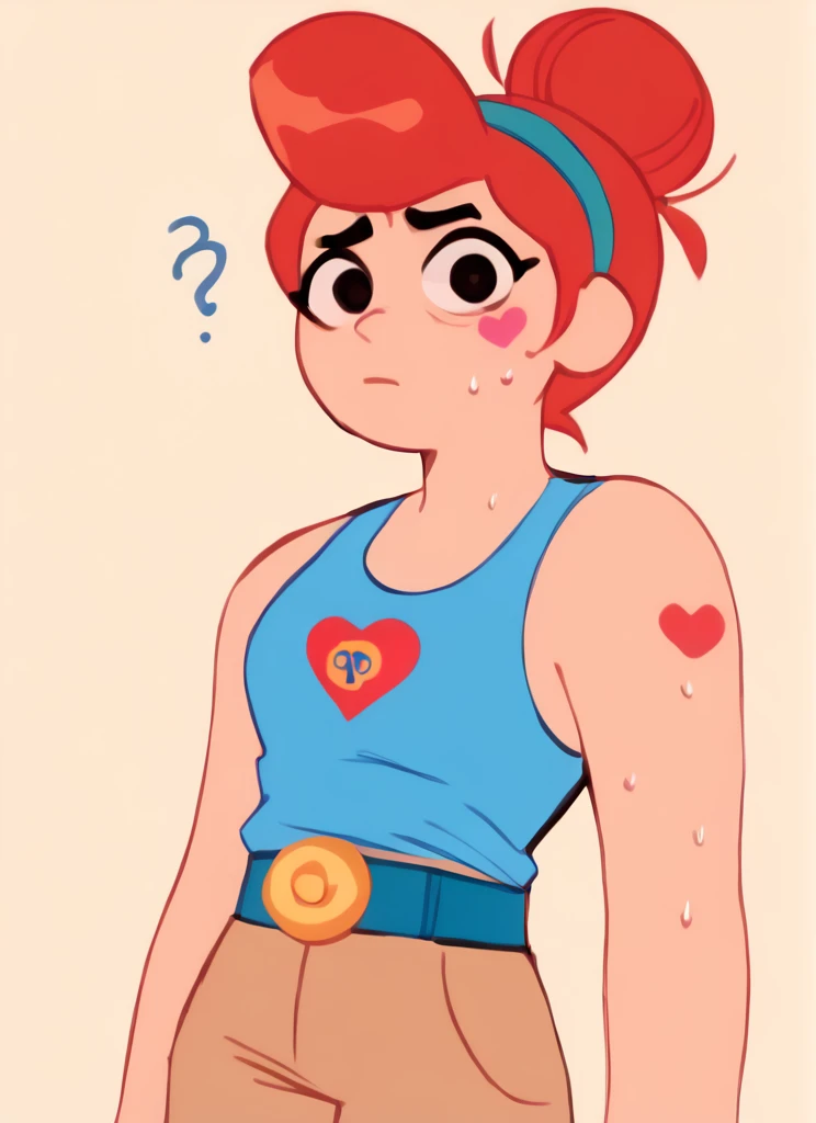 score_9, score_8_up, score_7_up, <lora:bspam:1>bspam , 1 girl , hairband , jewelry,  red hair  ,heart tattoo in arm  ,blue tank top,  belt , brown pants,confused, hair bun,  pompadour  , looking at viewer, sweating, <lora:SyrupyyyArt:1>