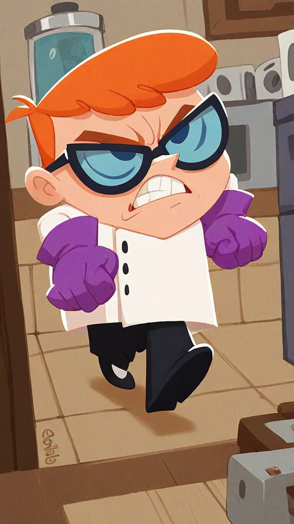 score_9, score_8_up,score_7_up, score_6_up,kitchen ,<lora:DX_TER:1>dx_ter,solo, 1boy, scientist outfit, orange hair, gloves, purple gloves, glasses,  angry,walking,chibi