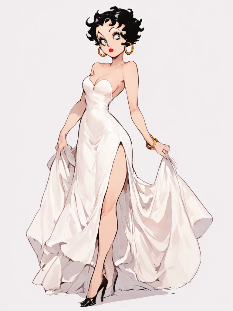score_7_up, score_8_up, score_9, masterpiece, perfect face, high quality, source_anime, (1girl, solo,) <lora:Betty_Boop_-_Talkartoon:1> bettyboop, black hair, short hair, hoop earrings, dress, strapless, high heels, lipstick, makeup, cleavage