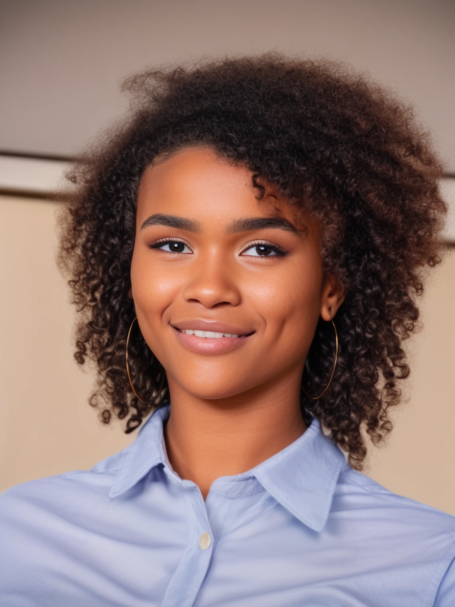 1ali, rembrandt lighting, headshot, curly hair,  looking at viewer, shiny skin, eye focus, bright eyes, face details, skin details, pores, peachfuzz, masterpiece, intricate details, HD, 8k, RAW photo, ,a woman wearing  collared shirt, bow tie, cute, smile, makeup, earrings,kitchen (over-the-shoulder, golden hour:0.5), hyperdetailed Photography, best quality <likenesshelpbyshurik3>:0.8