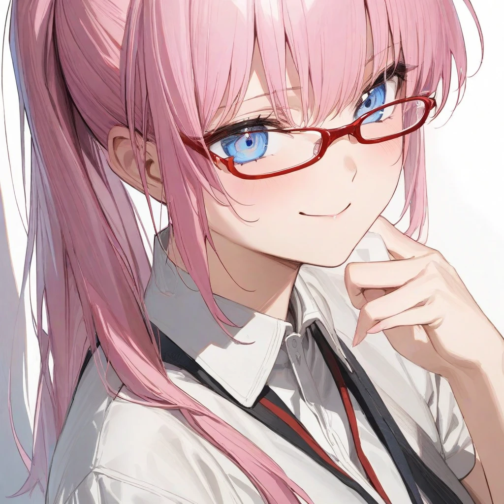 (masterpiece),(best quality),(ultra-detailed),(best illustration),(best shadow),(absurdres),(detailed background),(very aesthetic),shikimori, 1girl, solo, blue eyes, glasses, smile, pink hair, shirt, white shirt, long hair, white background, red-framed eyewear, upper body, collared shirt, simple background, ponytail, short sleeves<lora:shikimori:1>