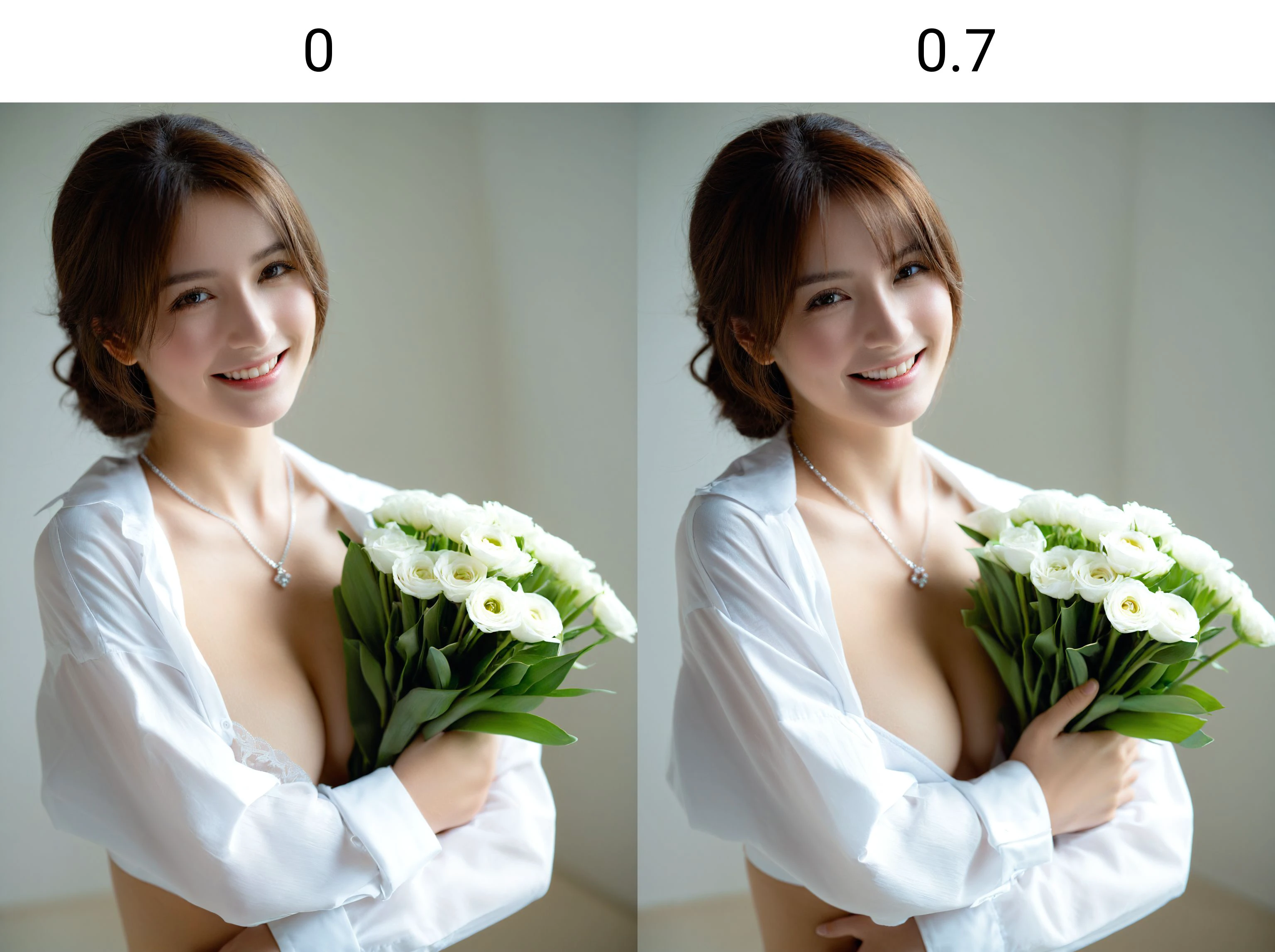 best quality, masterpiece, hinaigirl,
raw photo of 23 years old woman in white shirt, standing,
bouquet, bouquet cover the face, shy smile face, looking at viewer, eye level, cleavage,
BREAK
possibly intended as erotic or boudoir photography, soft natural light illuminating fair skin, minimal diamonds jewelry with a necklace,
simple background, direct and engaging gaze, high-resolution image capturing fine details,
<lora:MaybeBetterFaceInFullBodyLora_XL_rev3:0>