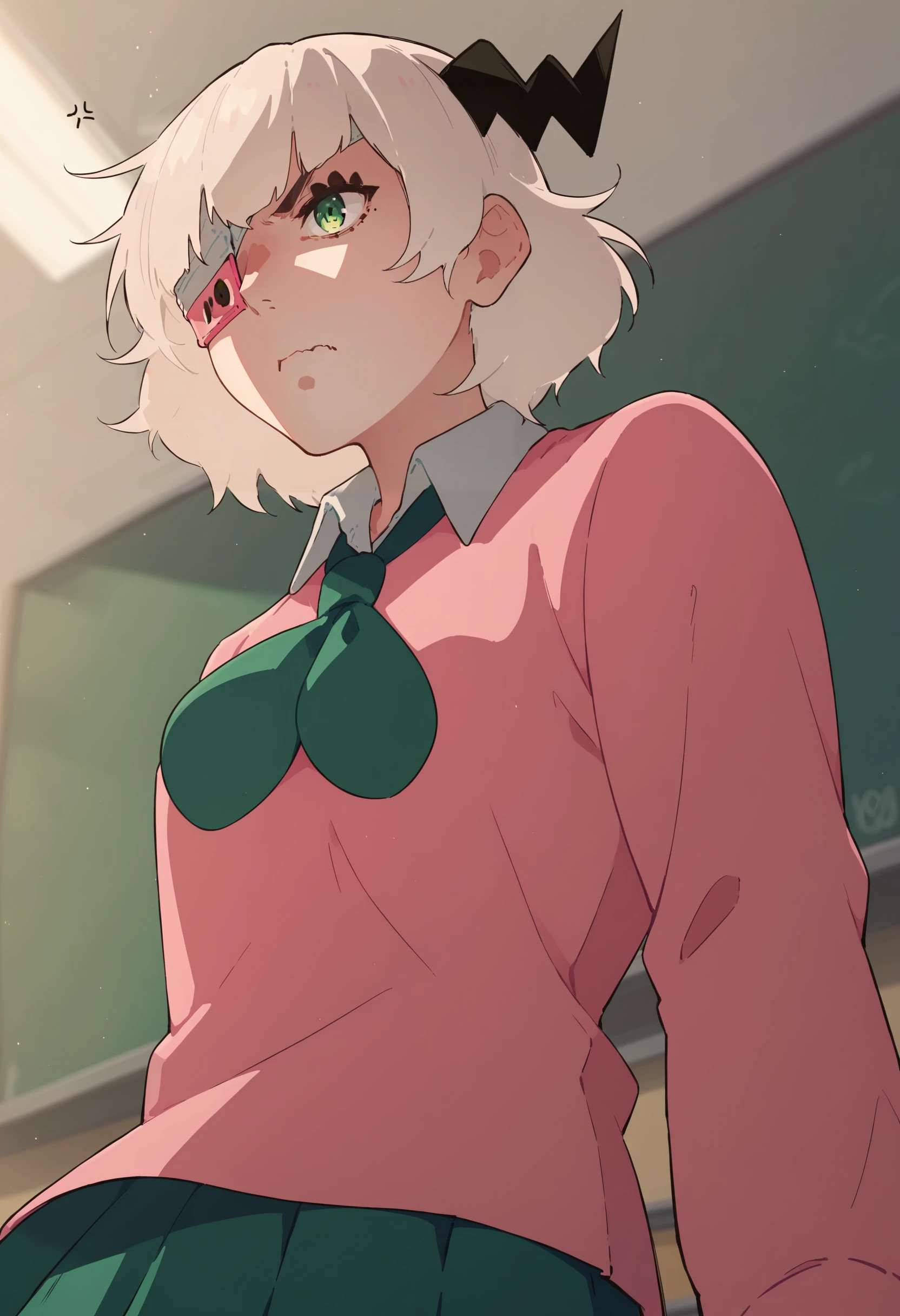 score_9, score_8_up, score_8, source_anime, 1girl, <lora:Rorochan:0.9> ,green eye, white hair, horn, eyepatch, shirt, collared shirt, skirt, school uniform, upper body, annoyed, view from below,
classroom background,