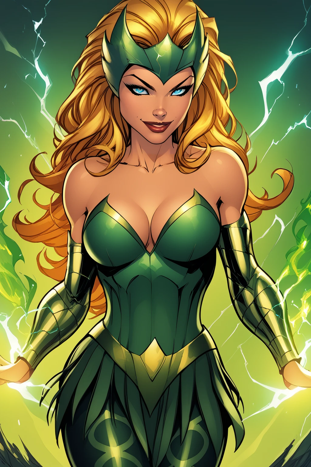 score_9, score_8_up, score_7_up, masterpiece, high quality, BREAK
 <lora:Amora the enchantressPonyLoRA:1>amoenchtress, long hair, headpiece, elbow gloves, bustier, bare shoulders, cleavage, belt, skirt, leggings, smile, magic, fire, electricity, glowing, aura
<lora:Michael TurnerStylePonyLyco:1> mtms