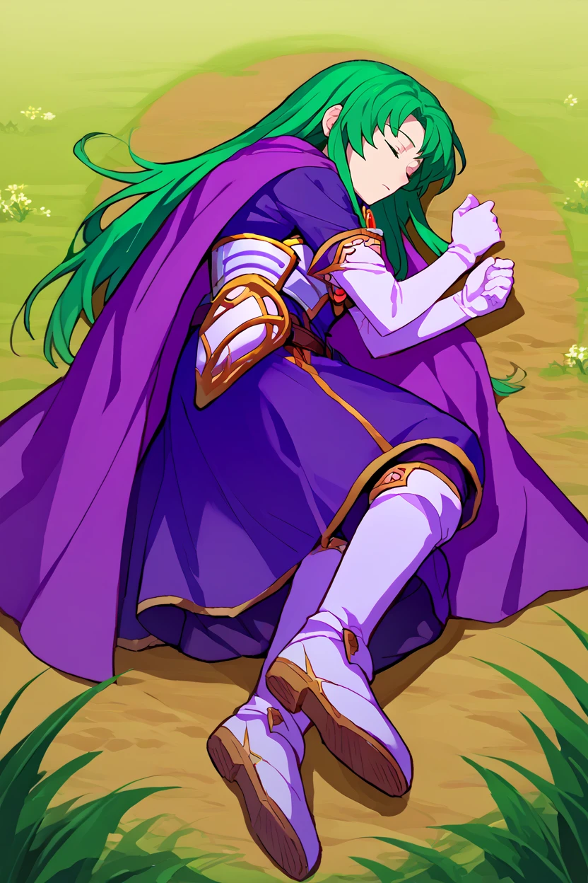 score_9, score_8_up, score_7_up, score_6_up, source_anime, BREAK 1girl, solo, <lora:fececilia-pdxl-nvwls-v1:1> defCeci, green hair, green eyes, purple cape, brooch, armored dress, purple dress, elbow gloves, white gloves, belt, white boots <lora:Ponyv6XLDoraYamchaPose_v10:1> yamchapose, lying, on side, closed eyes, field, crater