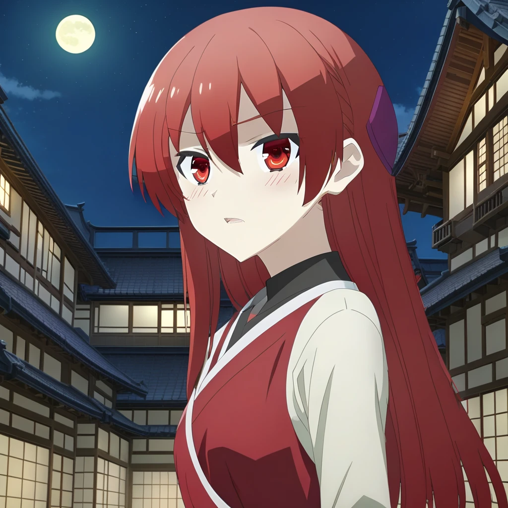 score_9, score_8_up, score_7_up, source_anime, rating_safe, , (3d:0.4), 1girl, solo,  tsukasa_yuzaki, red hair, red eyes, long hair, hair between eyes, bangs, close-up, town, japanese architecture, night, crescent moon, one leg up, speaking, talking,