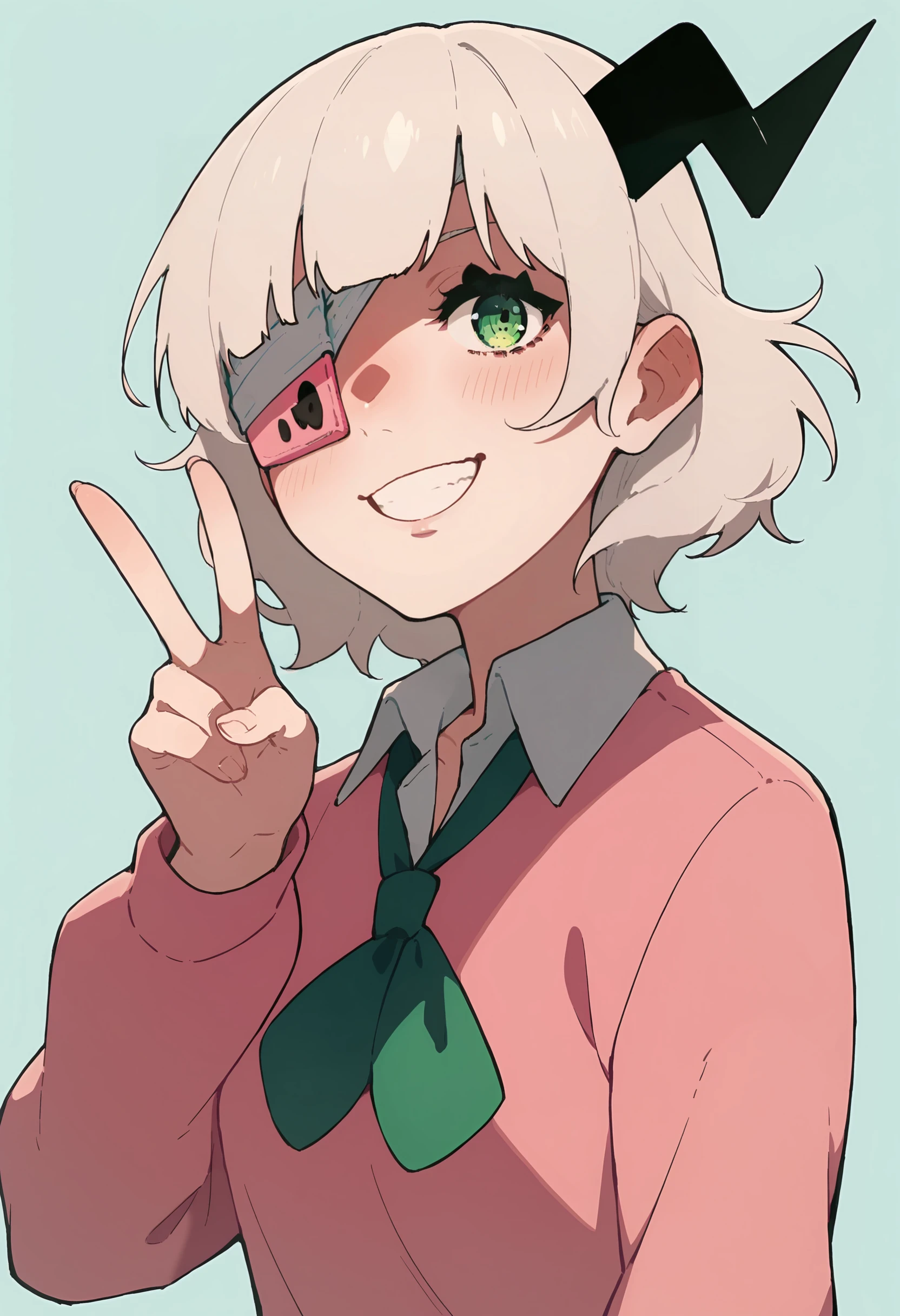 score_9, score_8_up, score_8, source_anime, 1girl, <lora:Rorochan:0.85> solo, green eye, white hair, horn, eyepatch, shirt, collared shirt, skirt, school uniform, upper body, smile, blush, v sign, 
light blue background, simple background,