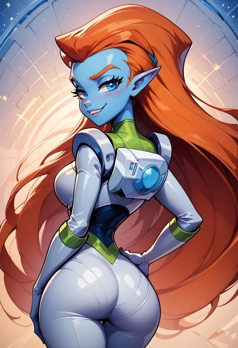 score_9, score_8_up, score_8, big breasts, (curvy), cute, eyelashes, 
BREAK, 
zzMira, blue eyes, blue skin, orange hair, pointy ears, white spacesuit,
cowboy shot, smile, smug, hand on hip, wide hips, 
from behind, ass, smug, 
BREAK, 
zPDXL, Expressiveh p4st3lg0r3