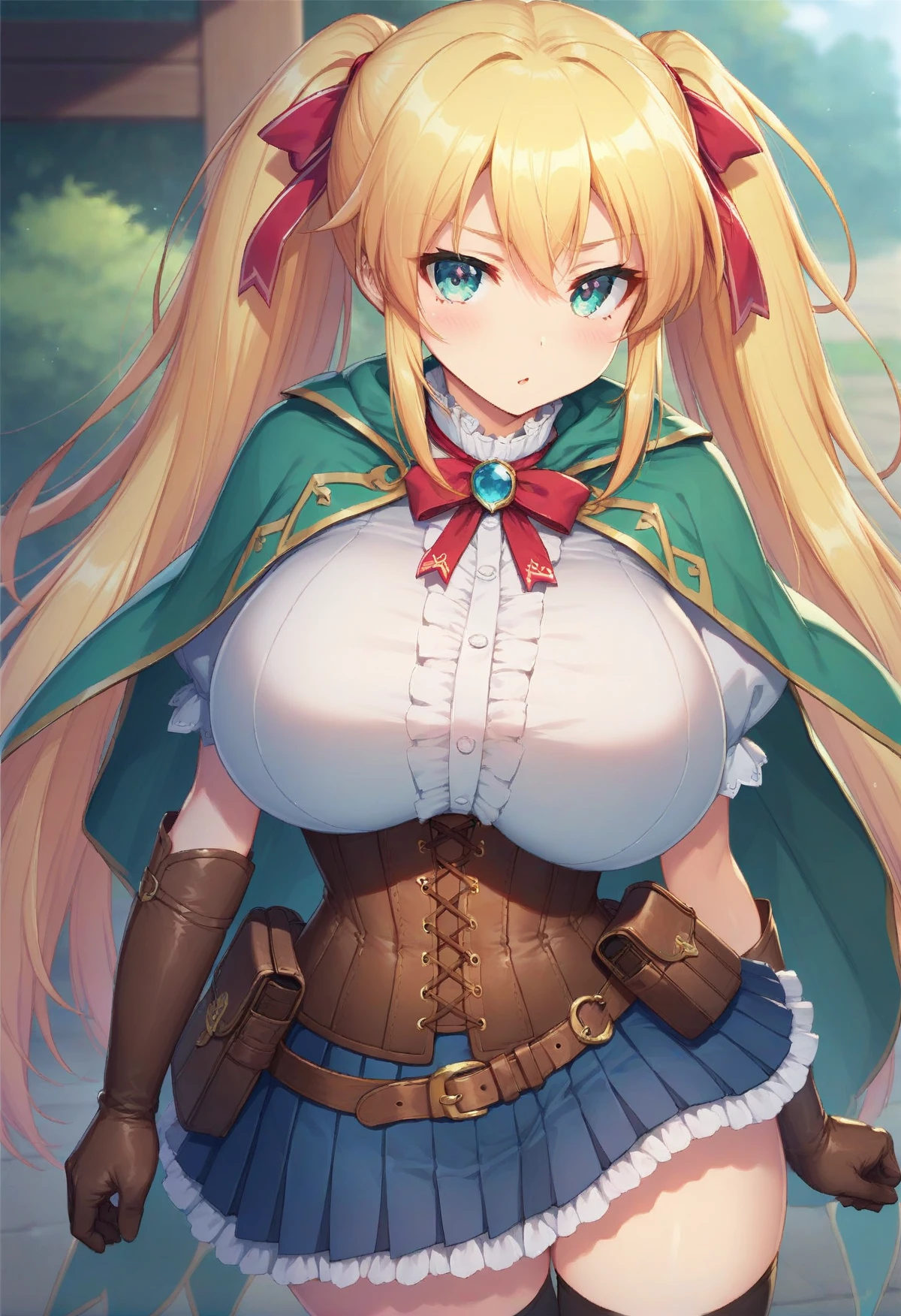 score_9,score_8_up,score_7_up,score_6_up,official art,solo,outdoors,cowboy shot,looking at viewer,facing viewer,Kubel,very long hair,blonde hair,twintails,hair ribbon,red ribbon,sidelocks,hair between eyes,bangs,aqua eyes,green cape,white shirt,frilled shirt,blouse,jewelry,brooch,neck ribbon,black ribbon,brown corset,puffy short sleeves,elbow gloves,brown gloves,large breasts,underbust,brown belt,buckle,pouch,miniskirt,blue skirt,pleated skirt,frilled skirt,zettai ryouiki,black thighhighs,cross-laced footwear,brown footwear,<lora:Kubel(kk)-Pony:1.3>,<lora:Smooth Anime Style LoRA XL>,