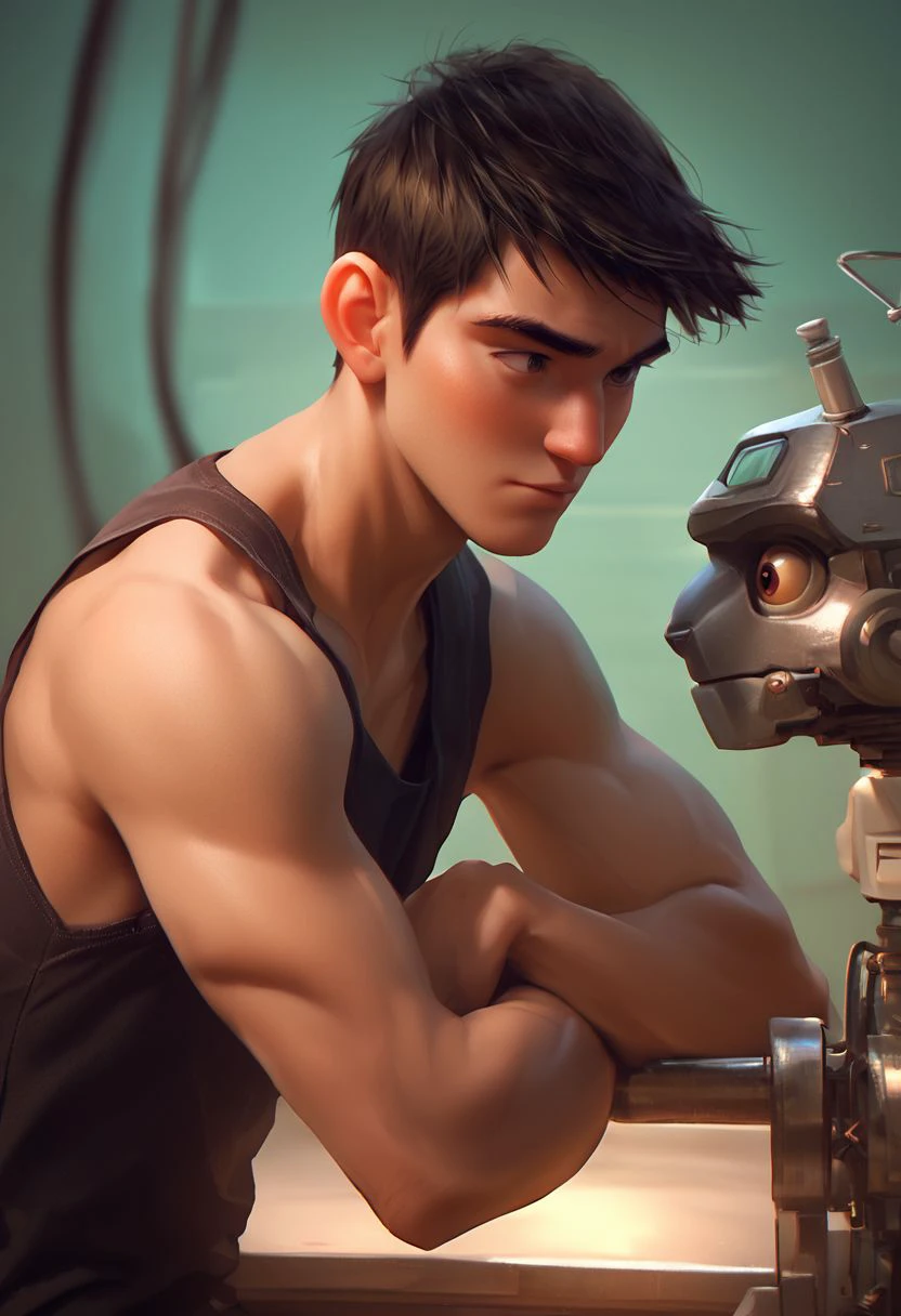 score_9, score_8_up, score_7_up, score_6_up, score_5_up, 1boy, tadashi_hamada, short hair, tank top, raising eyebrow, brown eyes, laboratory, focus on machine, side view, crossed arms