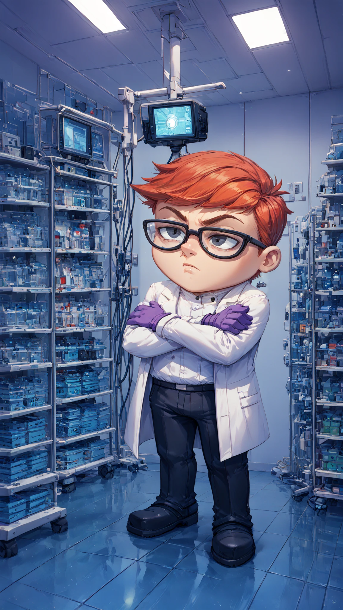 score_9, score_8_up,score_7_up, score_6_up,<lora:DX_TER:1>dx_ter,((masterpiece, best quality)),(complex lighting) , solo ,1boy, full body, red hair, glasses, standing, purple gloves, black eyes, black boots, ((closed lab coat)), simple background, crossed arms,chibi <lora:cutesexyronutts_style_xl:1>,hospital background <lora:backgroundsetXL:1>,OPERATING ROOM