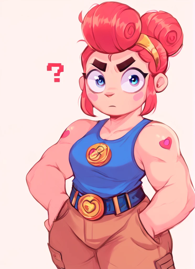 score_9, score_8_up, score_7_up, <lora:bspam:1>bspam , 1 girl , hairband , jewelry,  red hair  ,heart tattoo in arm  ,blue tank top,  belt , brown pants,confused, hair bun,  pompadour  , looking at viewer,  <lora:Aer0Zer0_Artist_Style:1>