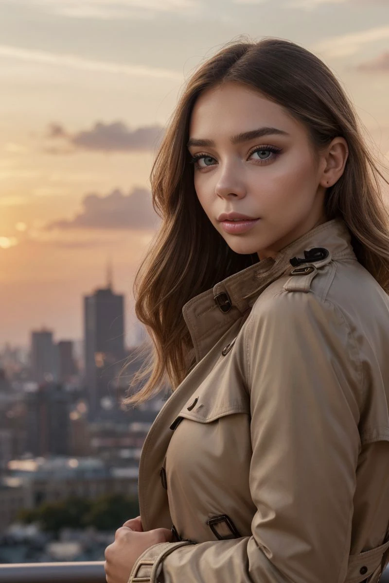 photo of S441_LizaVaiss,a stunning woman,in a (city:1.1),wearing a (trench-coat),(shirt),(sunset),(4k, RAW photo, best quality, 50mm, depth of field, ultra high res:1.1),(intricate, photorealistic, cinematic-shot, masterpiece, ultra-detailed:1.1),