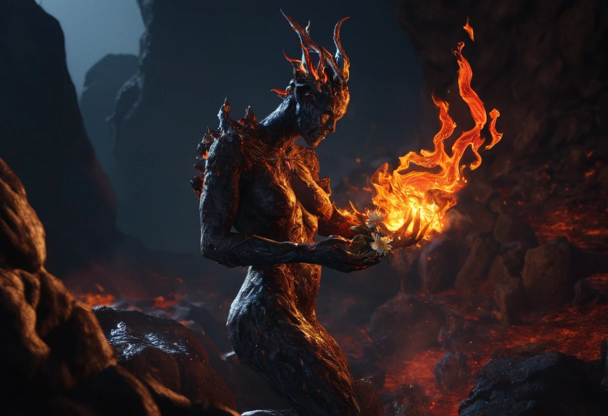 A 3D render of a fire spirit with ashen rocky skin and blue eyes. She is engulfed in ethereal flame and holding a flower in her hands. She's slightly levitating above a rocky volcanic surface. The flower is colorful and vibrant in contrast to the grim scene. She is offering the viewer the flower.
extremely detailed, detailed facial features, photorealistic, complex lighting, ray tracing, global illumination, hard shadows, gritty textures, real-time, closeup,
 <lora:Manipulator:1.2>