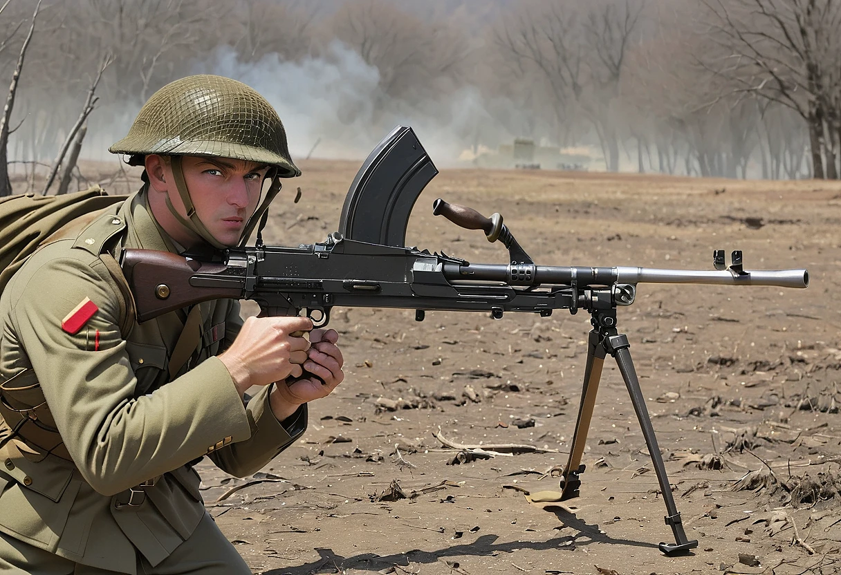 brenmk1, rifle, soldier, military uniform, aiming,